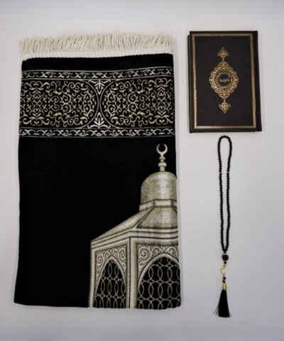 Orientteppich Gebetsteppich Kaaba + Koran + tasbih Gold schwarz dünn Islam Seccade, Lale Collection®, Seccade, Dünn, Schwarz Gold, Kaaba