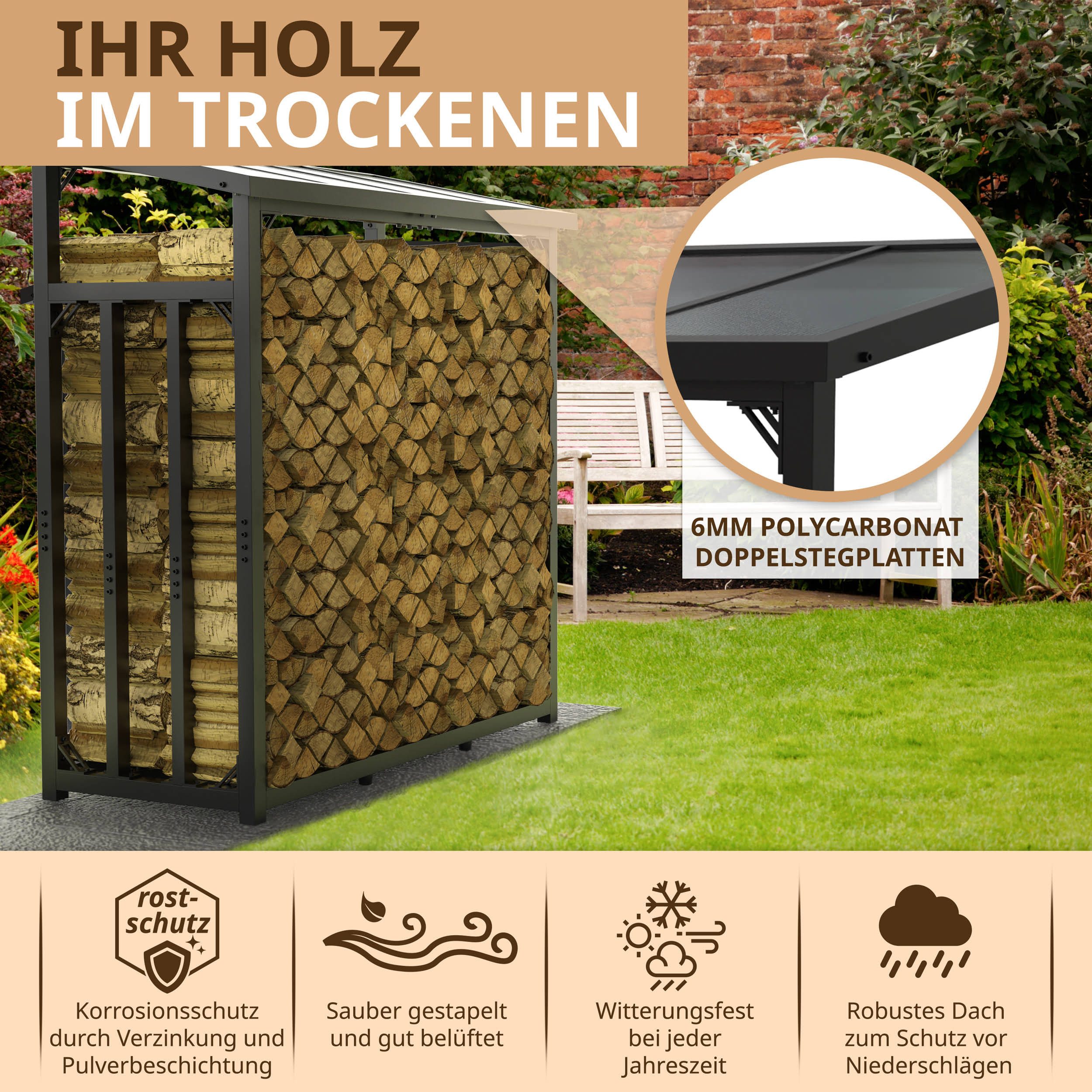 LAWA Living and Lifestyle Kaminholzregal außen mit Dach Unterstand Holz Metall Stapelhilfe, BxTxH:188,00x70,00x188,00 cm, verzinkt, wetterfest