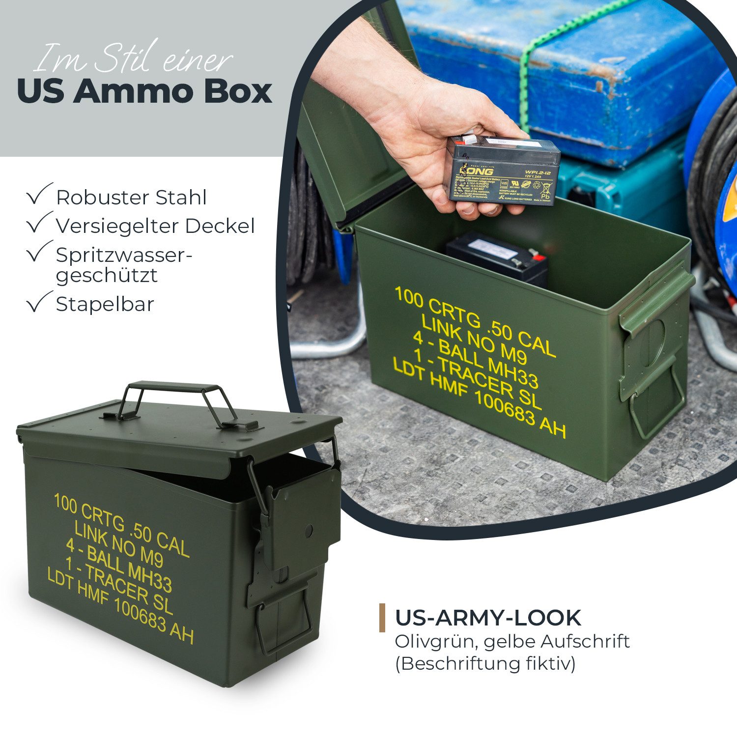 HMF Aufbewahrungsbox Metallbox im US-Army-Look mit gelber Aufschrift, Transportbox mit, mit Schwerlastverriegelung und Schwerlastgriff, 30 x 19 x 15,5 cm Grün