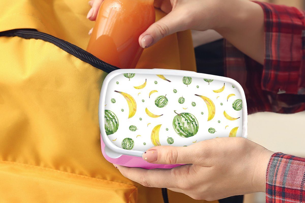Bananen Mädchen, - MuchoWow Kunststoff, rosa (2-tlg), Kunststoff Snackbox, Schablonen, - Brotbox für Brotdose Melonen Lunchbox Erwachsene, Kinder,