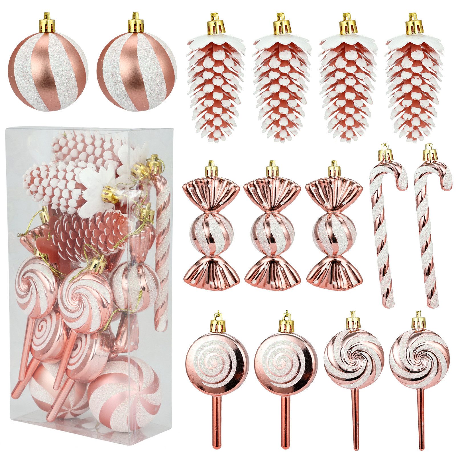Coonoor Weihnachtsbaumkugel 15-teiliges Weihnachtskugel-Set, Christbaumanhänger, Zuckerstangen, Tannenzapfen, Lutscher, Weihnachtskugeln