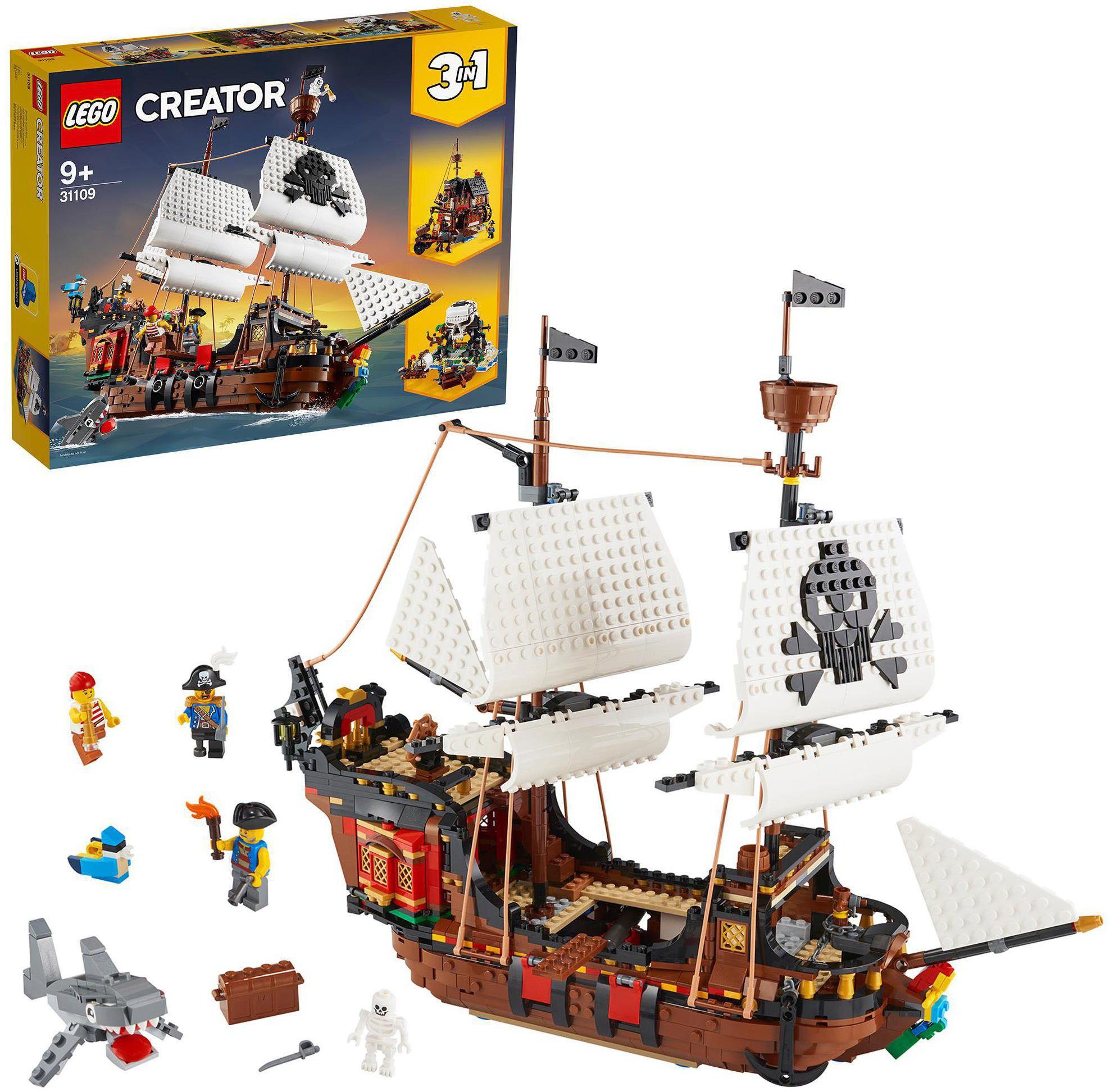 LEGO® Konstruktionsspielsteine Piratenschiff (31109), LEGO® Creator 3in1,  (1264 St), Made in Europe, 3-in-1: Piratenschiff, Piratentaverne oder  Pirateninsel
