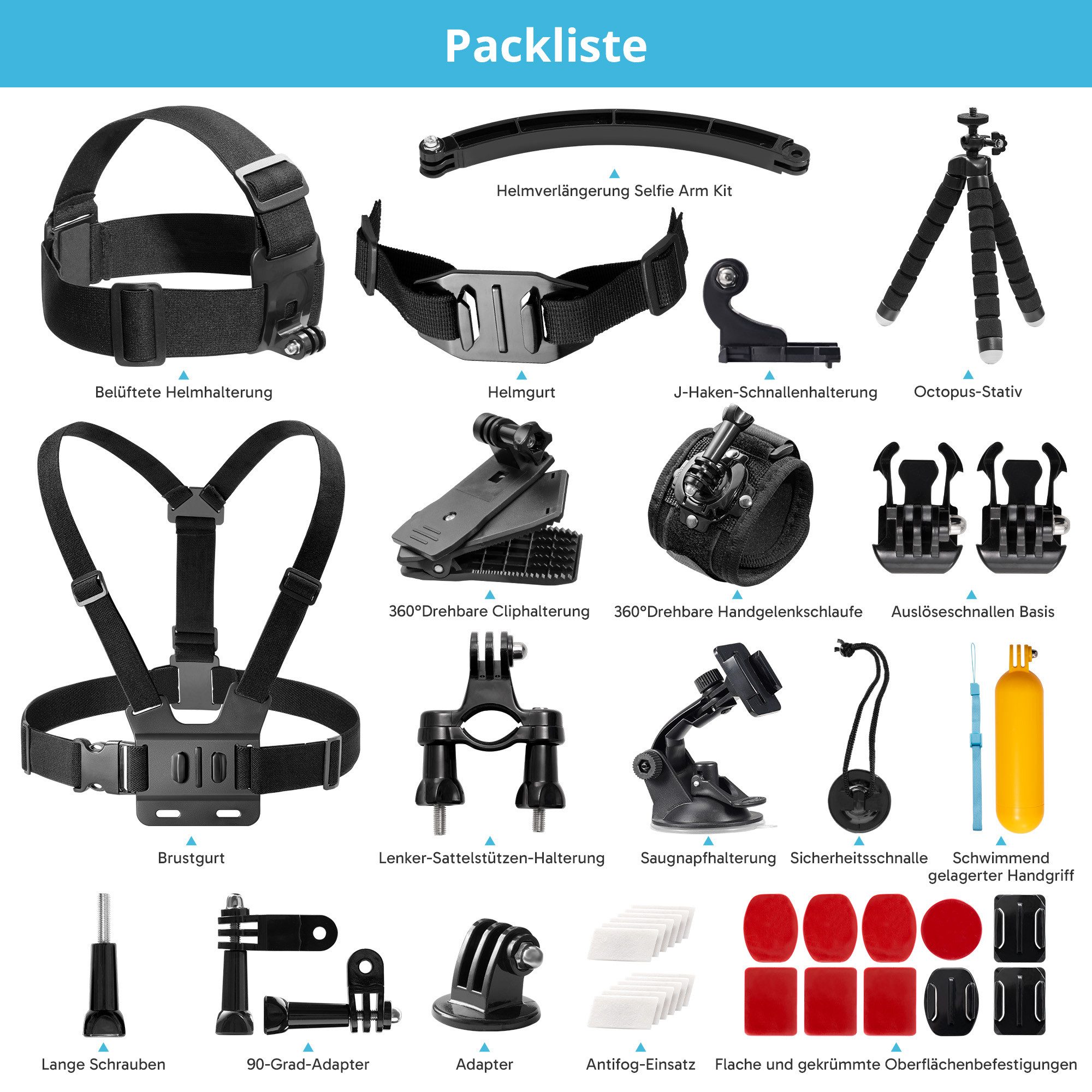 Akaso Action Cam-Halterung Zubehör-Set 42 in 1 für AKASO, GoPro Hero, DJI Osmo, (42-tlg., Komplett für Vlogging, Radfahren, Wassersport, universell kompatibel)