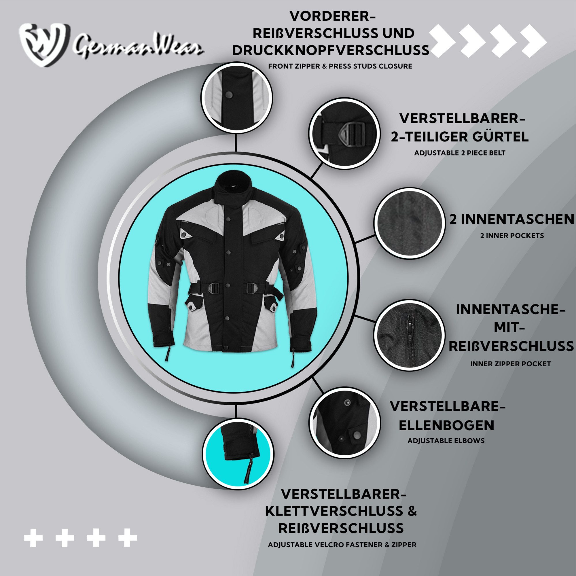German Wear Motorradjacke GW302J (Spar-Set, mit 4CE-Protektoren) Winddichte Biker Jacke aus 4 Schichten - 8 Taschen Protektorenjacke – Bild 5 von 5