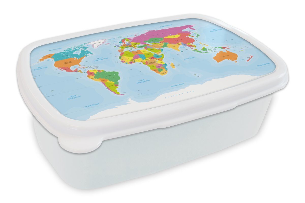 MuchoWow Lunchbox Französische Weltkarte - Farben - Einfach, Kunststoff, (2-tlg), Brotbox für Kinder und Erwachsene, Brotdose, für Jungs und Mädchen weiß