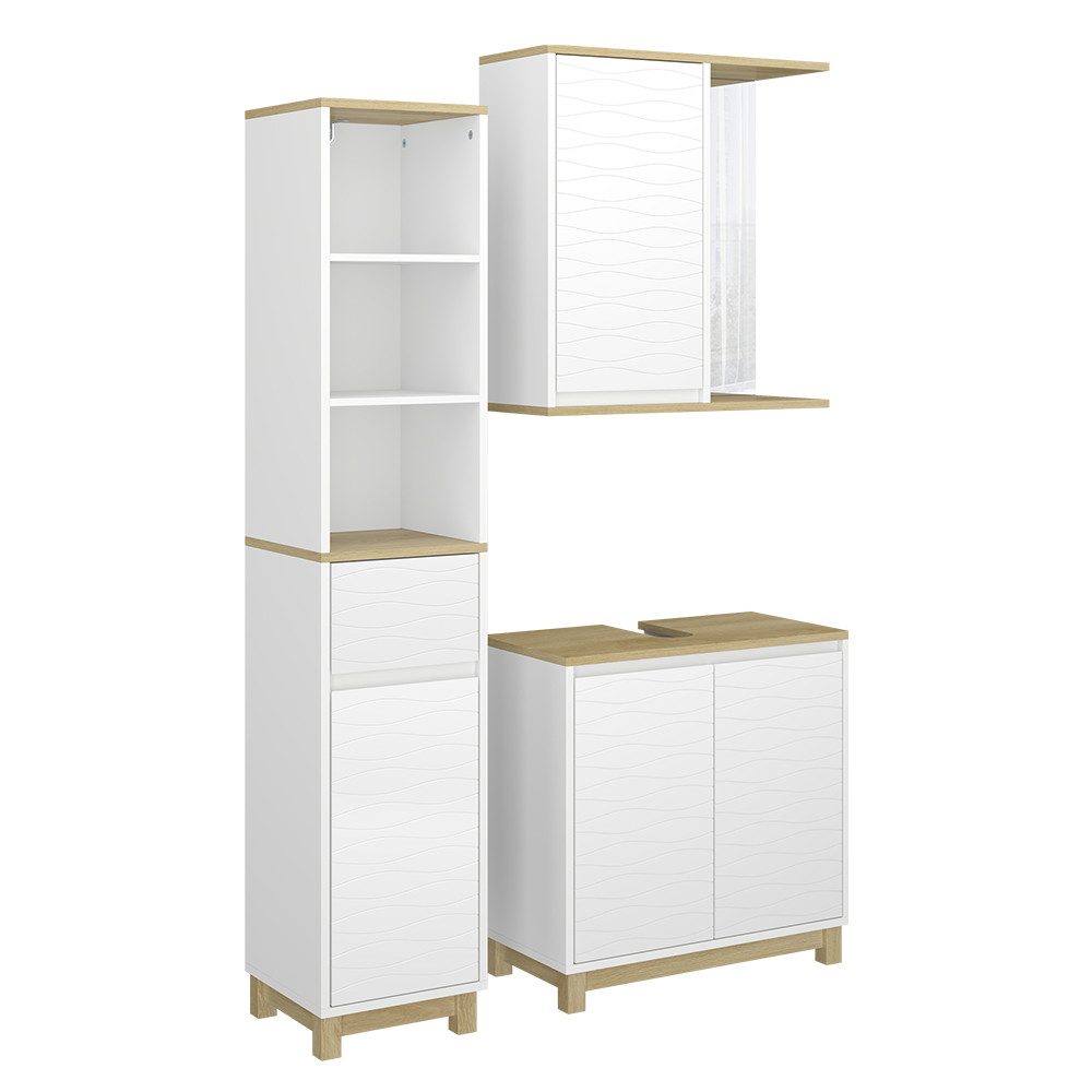 Badmöbel-Set Livia, Weiß/Eiche, 3 Teile, mit Hochschrank