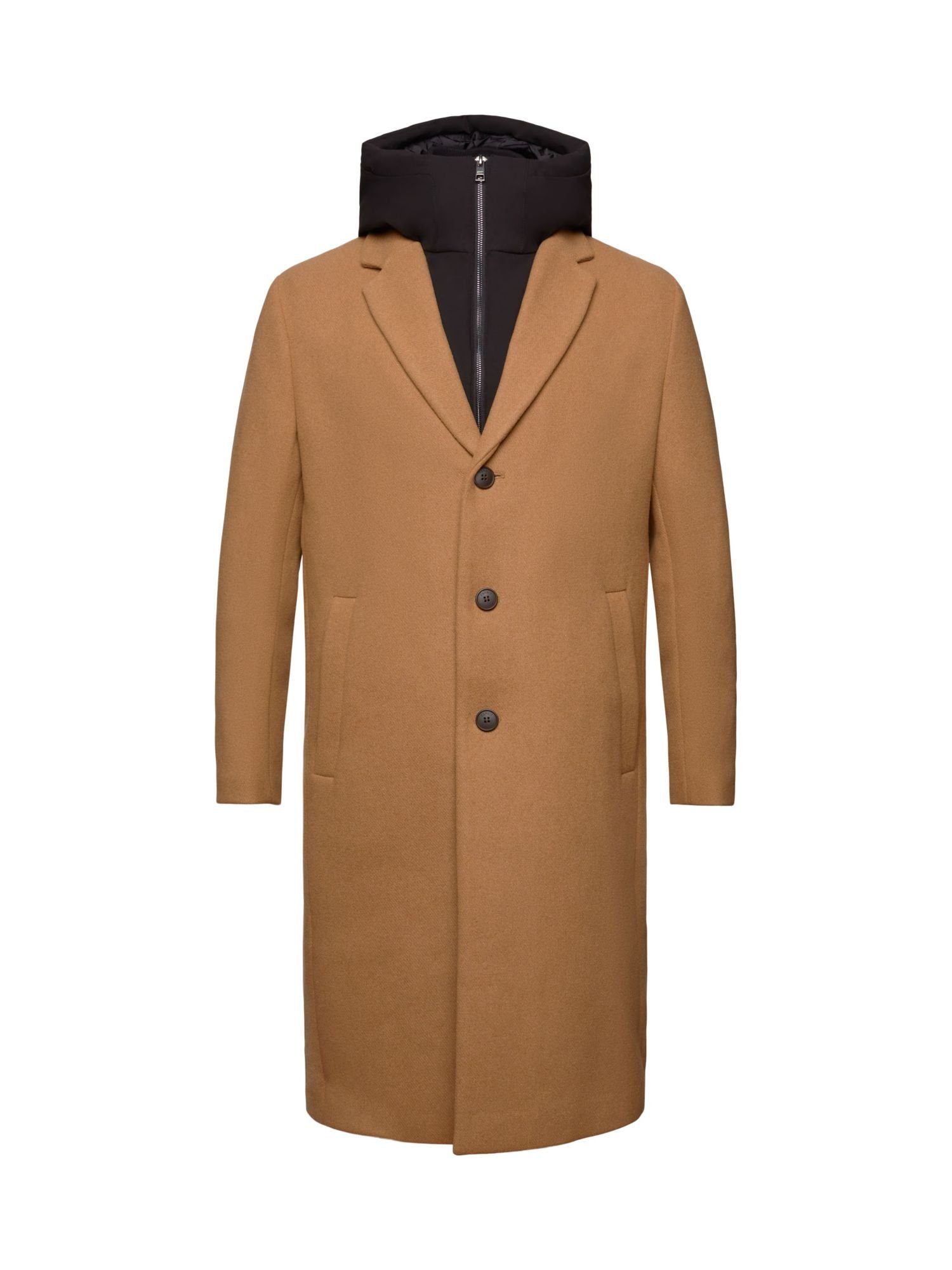 Esprit Collection Wollmantel Mantel mit abnehmbarer Kapuze aus Wollmix CAMEL