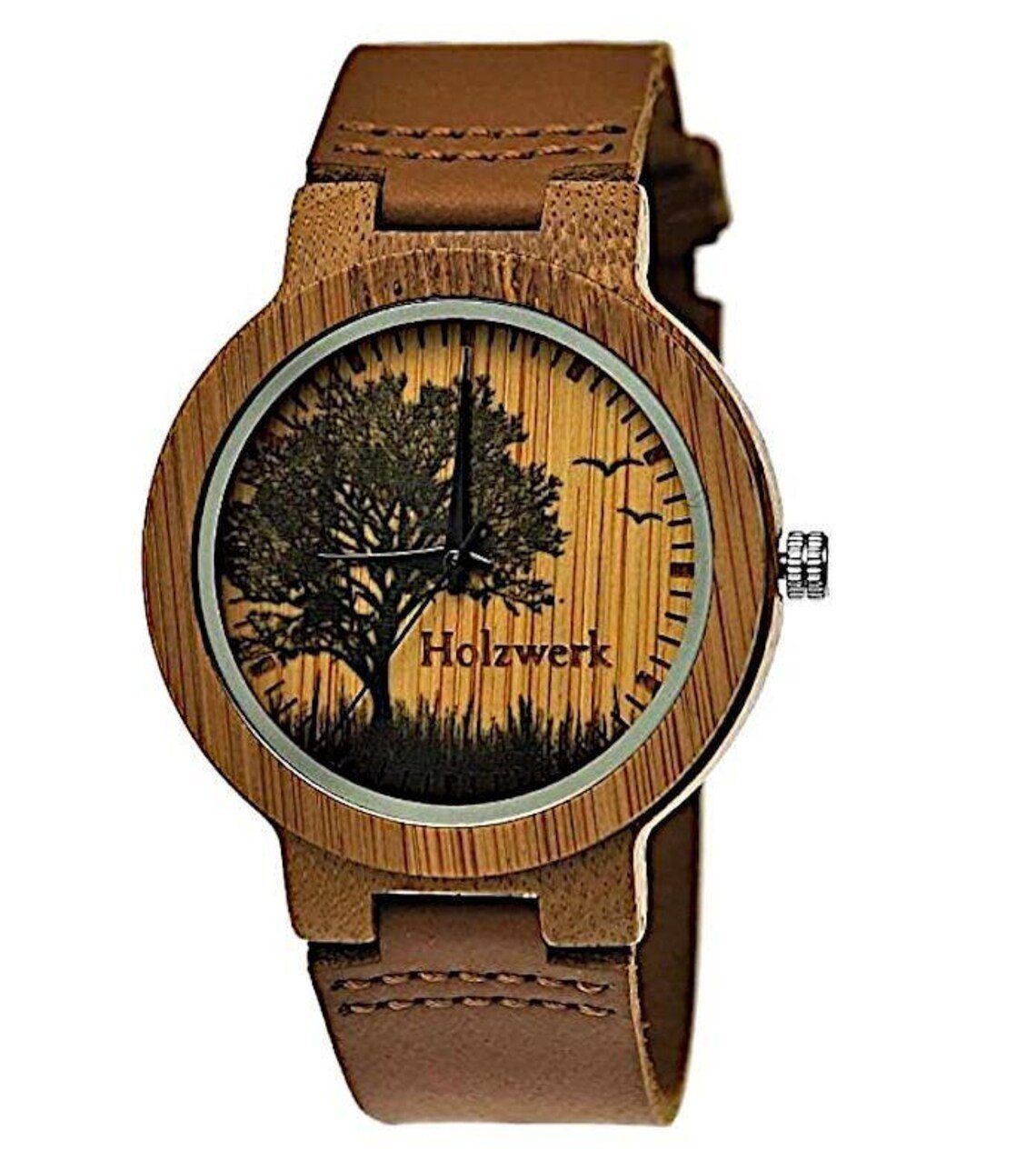 Holzwerk Quarzuhr FORST Damen & Holz mit Muster, Herren Armband braun, Baum Uhr beige