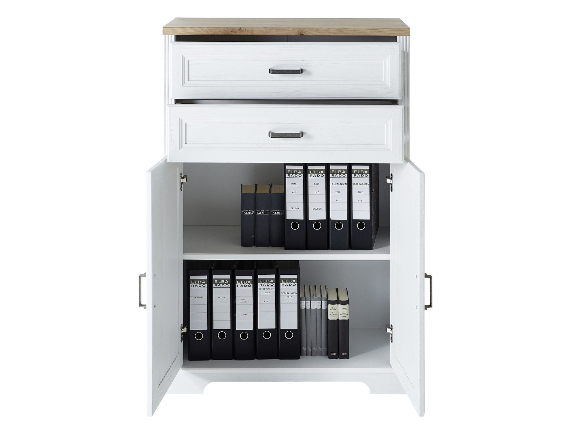 2 Bürokommode, Bücherregal, Schubkästen, JADY piniefarbig + Moebel-Eins 2 hell/eichefarbig MDF/Dekorspanplatte Material Türen