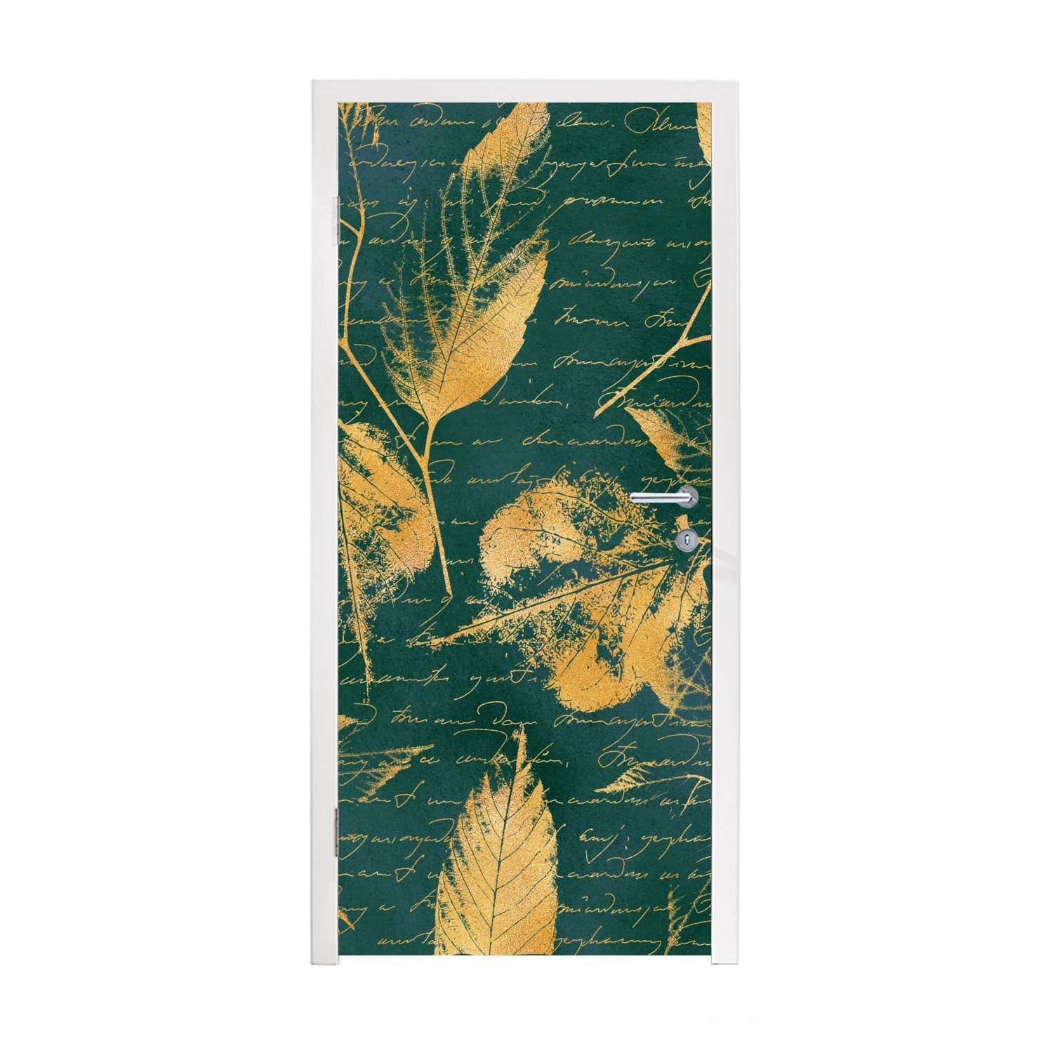 MuchoWow Türtapete Blätter - Gold - Grün, Matt, bedruckt, (1 St), Fototapete für Tür, Türaufkleber, 75x205 cm