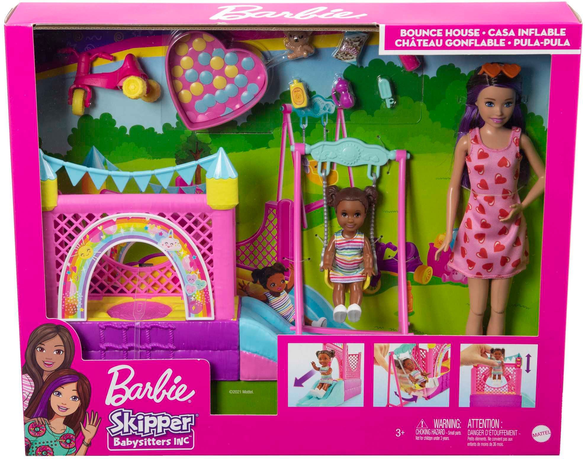 Babysitters Barbie Puppen Hüpfburg-Spielset, Zubehör Anziehpuppe mit Skipper und