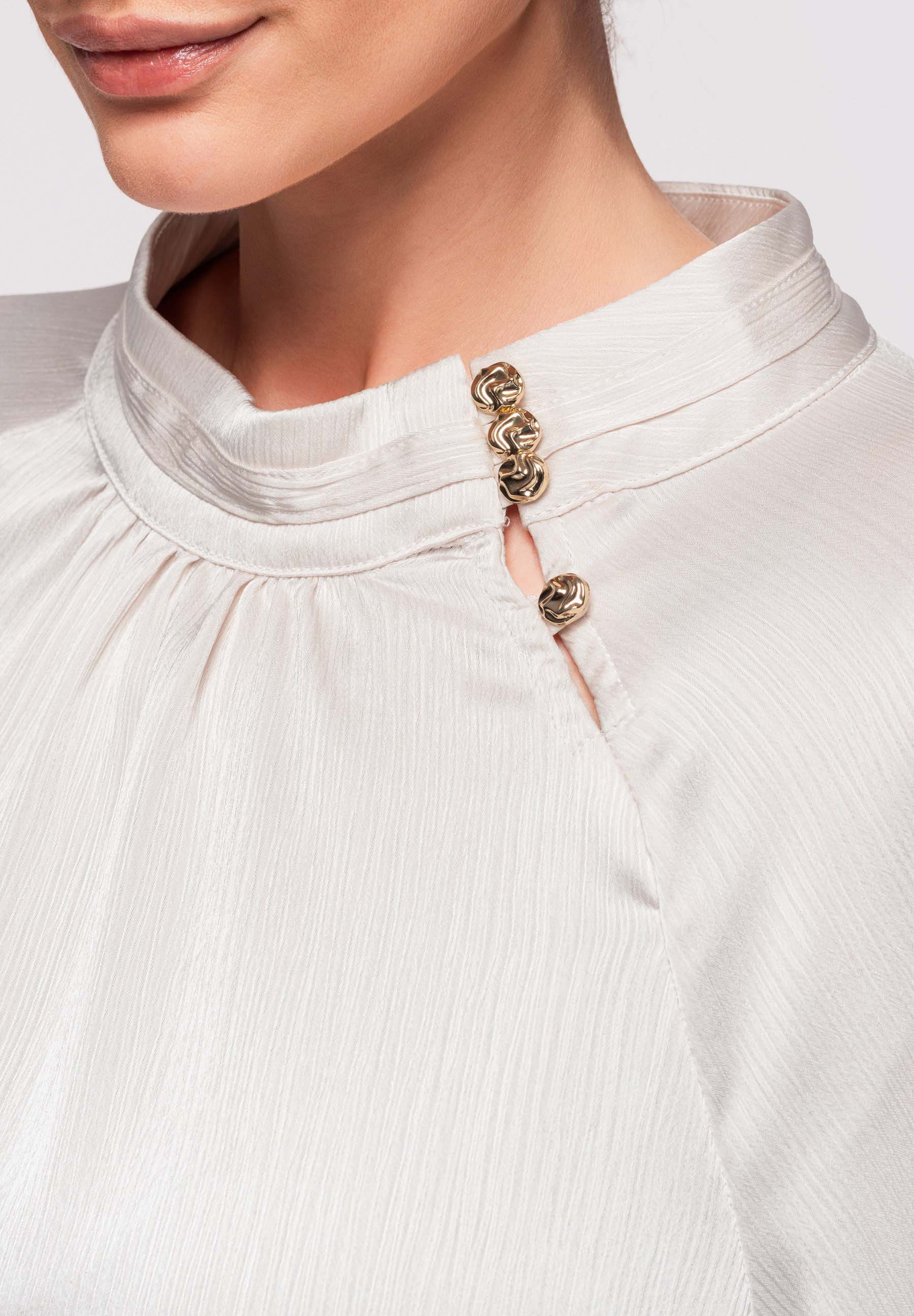 OMBRE Langarmbluse Langarmbluse Damen Elegant Loose Fit Off white L (kein Set, 1-tlg) Satinoberfläche, dekorative Knöpfe