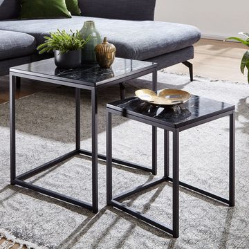 möbelando Satztisch Design Beistelltisch 2er Set Schwarz Marmor Optik, Design Beistelltisch 2er Set Schwarz Marmor Optik Eckig, Couchtisch 2-teilig Tischgestell Metall, Kleine Wohnzimmertische, Moderne Satztische Quadratisch