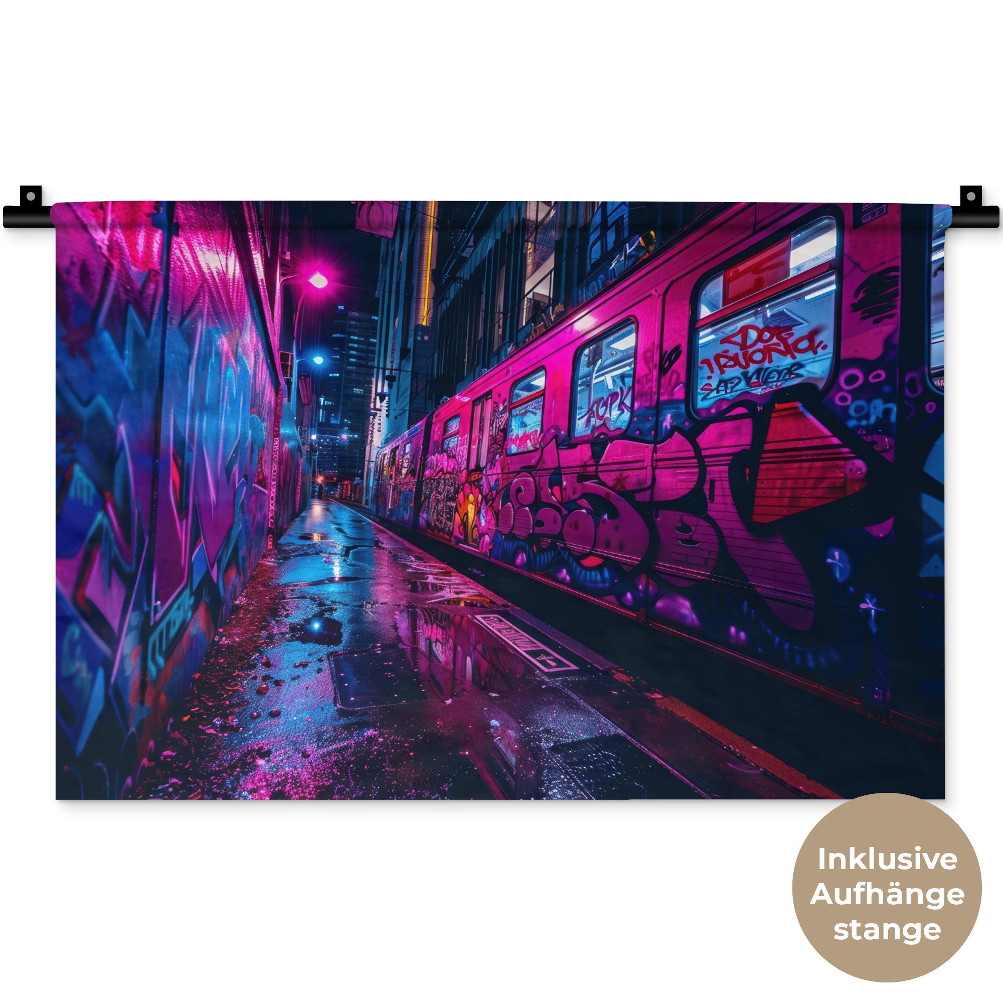 MuchoWow Wandteppich Stadt - Neon - Nacht - Rosa - Graffiti, Rechteckig, Höhe: 3 mm, Wandteppich für Wohnzimmer, Schlafzimmer, 60x40 cm