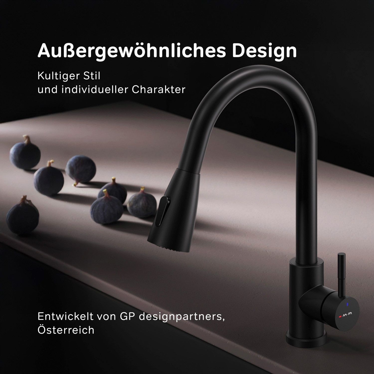 AM.PM Küchenarmatur X-JOY S Wasserhahn Drehbar Küchenarmatur Spültischarmatur Küche (Einhebelmischer Misch-Armatur Mischarmatur, Mischbatterie mit ausziehbarer Brause Schwarz) ausziehbarer, flexibler und drehbarer Brausen-Auslauf
