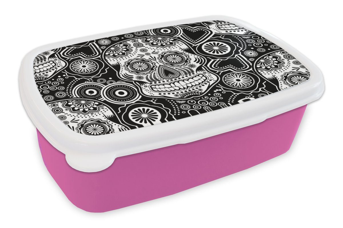 MuchoWow Lunchbox Teens - Totenkopf - Blumen - Muster, Kunststoff, (2-tlg), Brotbox für Erwachsene, Brotdose Kinder, Snackbox, Mädchen, Kunststoff rosa