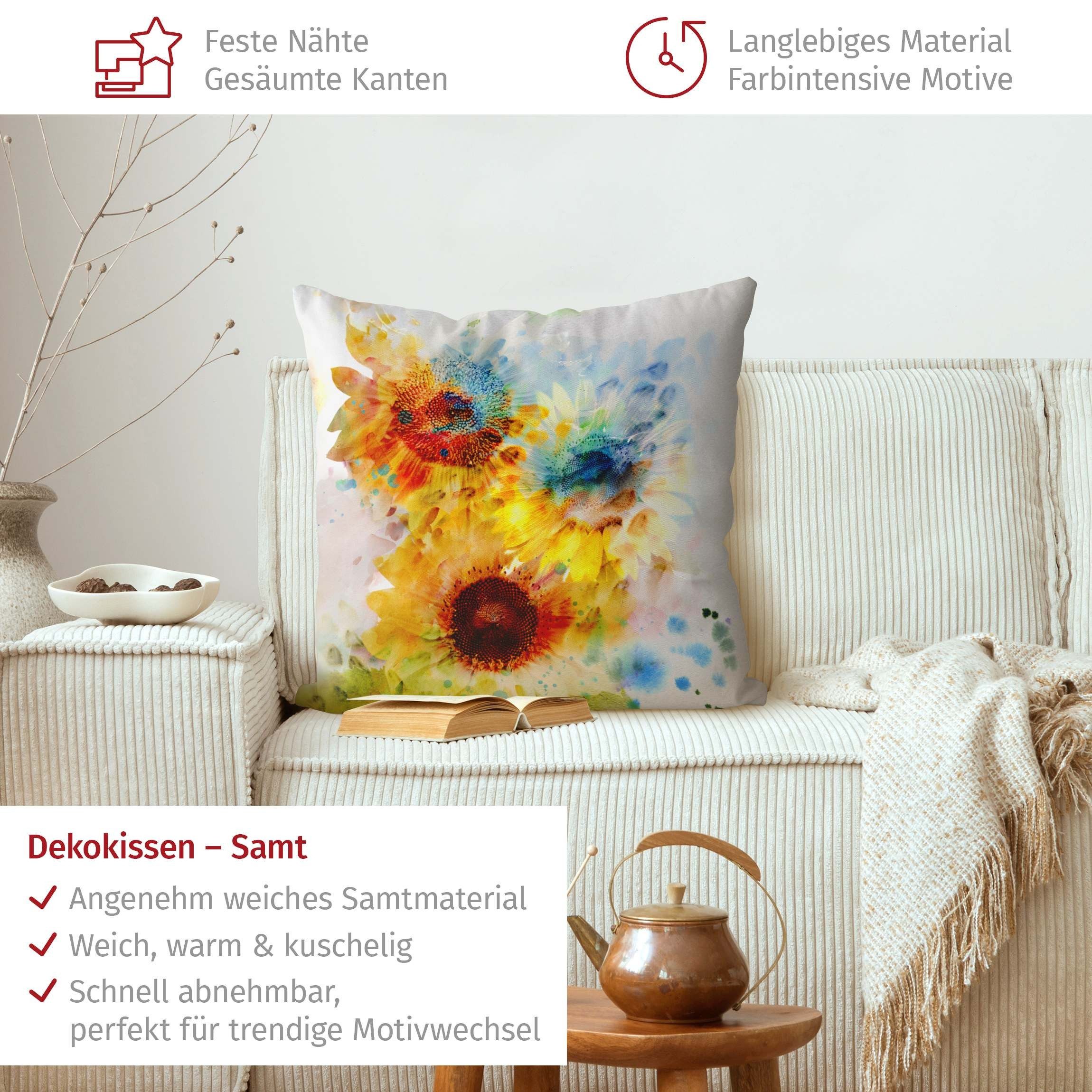 Bilderdepot24 Dekokissen drinnen Kissenhülle/ Sofakissen/ Zierkissen Kissenhülle gelb Blumen, Bezug Aquarell mit / ohne Füllung Zierkissen Outdoor Sofa Bett