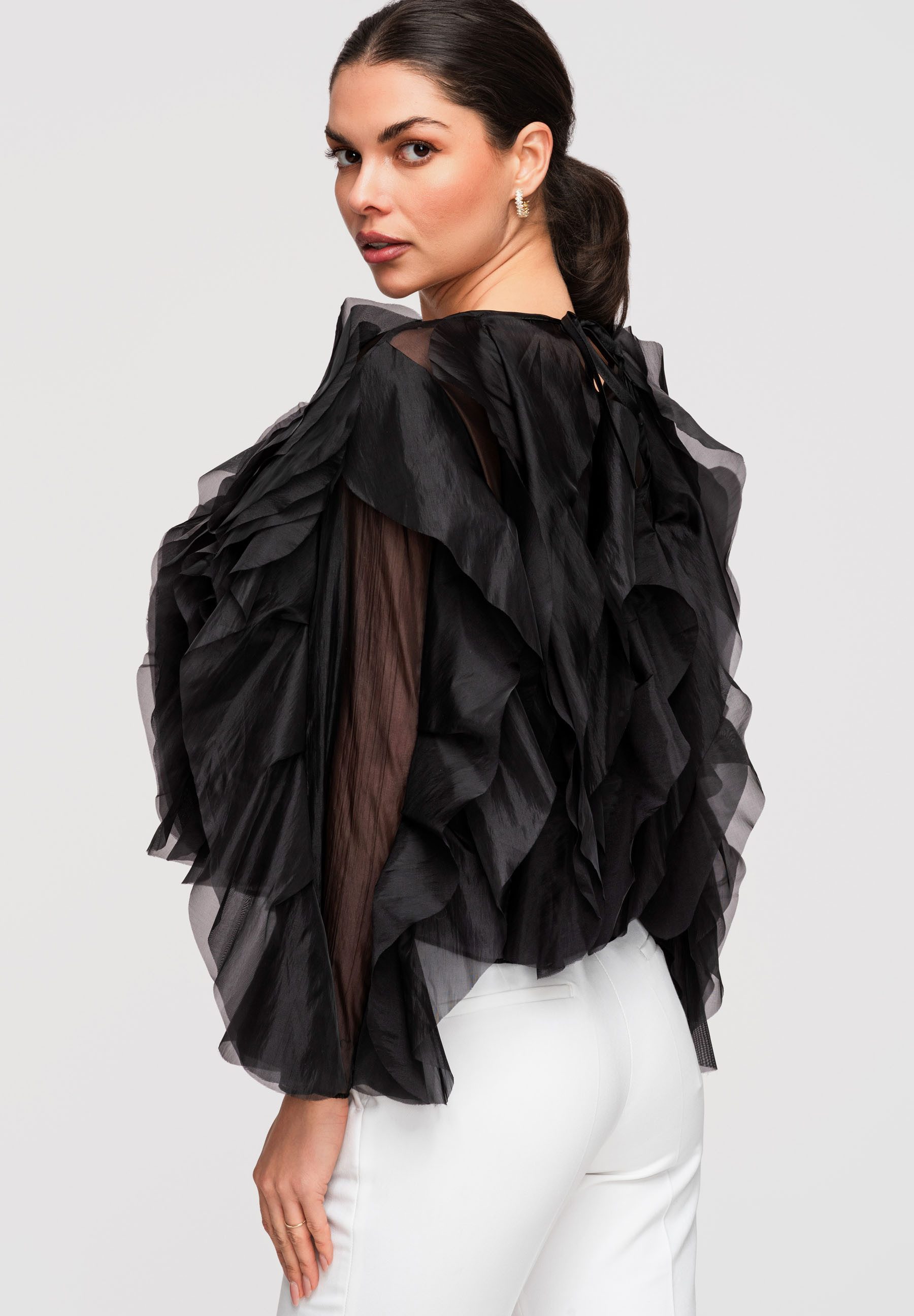 OMBRE Langarmbluse Damen Chiffon Bluse mit Volantärmeln Elegant Schwarz M/L (kein Set, 1-tlg) Mehrlagige Rüschen