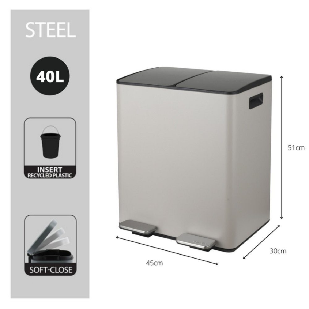 spirella Mülltrennsystem ALIYA, 2 Kammern Abfall Treteimer XL, 40 L, Softclose Absenkautomatik, herausnehmbare Innenbehälter, Anti-Fingerprint Oberfläche, Stahl matt-satiniert, für Küche, Büro, Hauswirtschaftsraum, 2 x 20 L, taupe beige