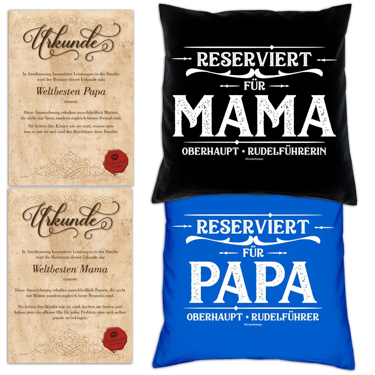 Soreso® Dekokissen Kissen-Set Reserviert für Papa Reserviert für Mama mit Urkunden, Geschenkidee Hochzeitstag schwarz