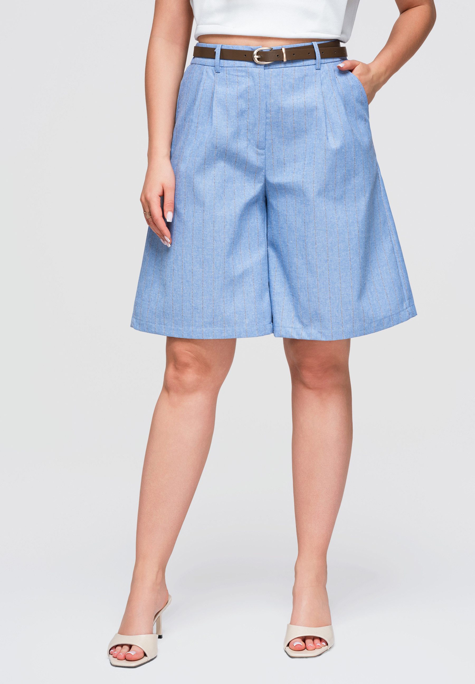 OMBRE Shorts Damen Shorts mit hohem Bund und weitem Bein Blau S (kein Set, 1-tlg) Gürtel im Set enthalten