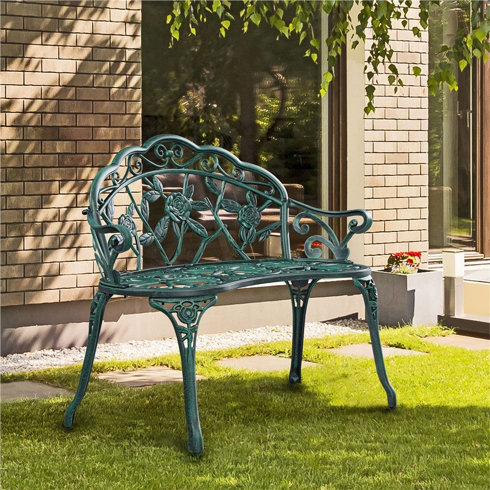 Yaheetech Gartenbank aus Aluminium mit Rosenmuster im Vintage-Stil, 2-Sitzer-Metallbank für Garten/Terrasse/Balkon