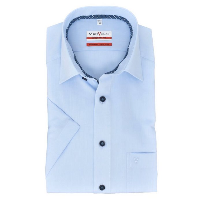 MARVELIS Kurzarmhemd Kurzarmhemd - Modern Fit - Kurzarm - Einfarbig - Hellblau mit Kontrastknöpfen
