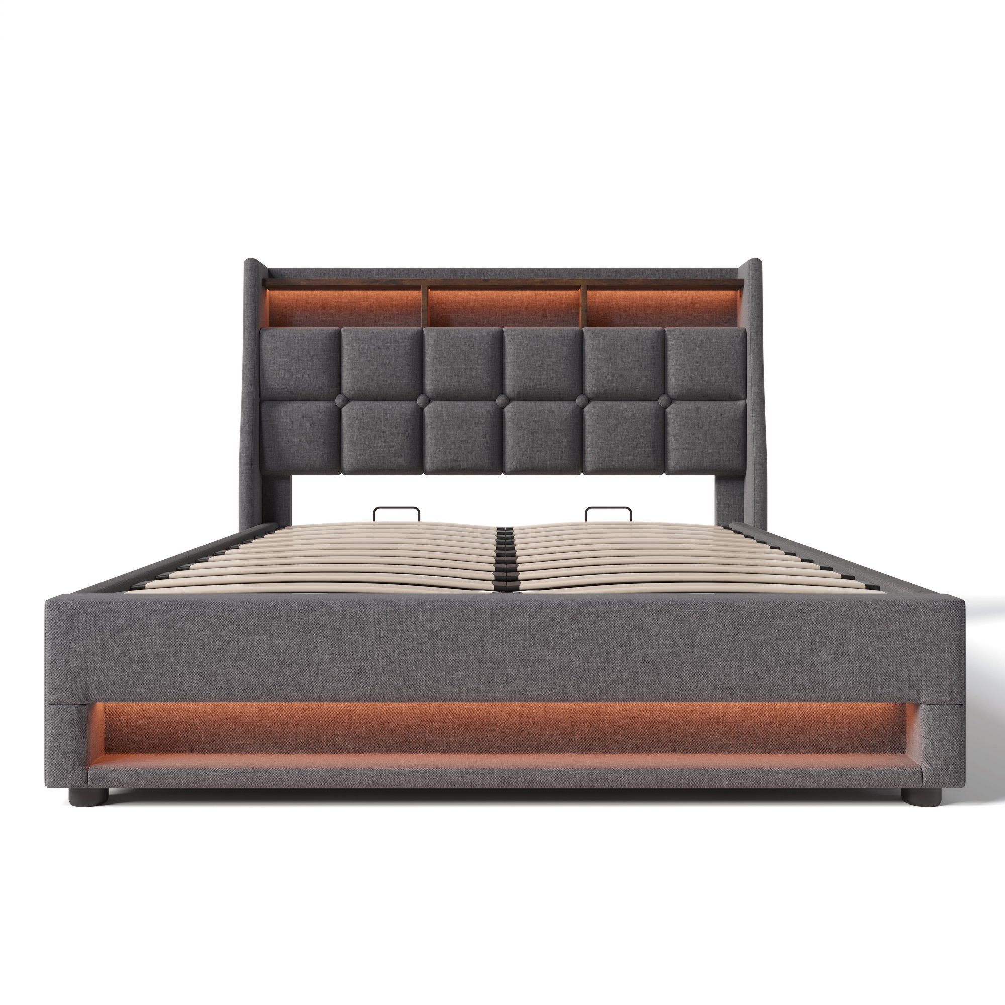 Polsterbett (Funktionsbett, 140x200 cm Hydraulisches Bett mit Lattenrost), Stauraumbett mit LED-Beleuchtung und USB-Anschluss, Baumwolle-Leinen