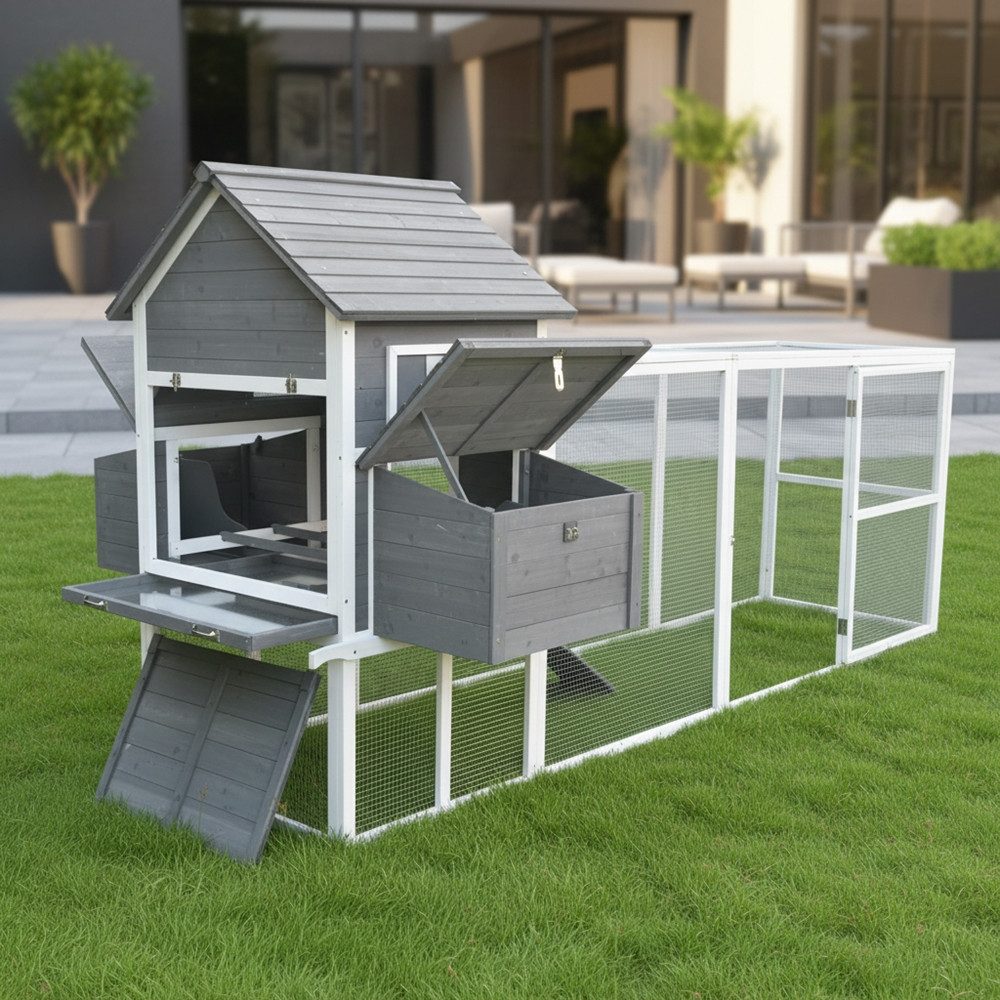 Melko Hühnerstall Geflügelstall Hühnervoliere Hühnerhaus Hühner Freilaufgehege, 2 Nestboxen mit insgesamt 4 Legenestern, XXL Freilaufgehege