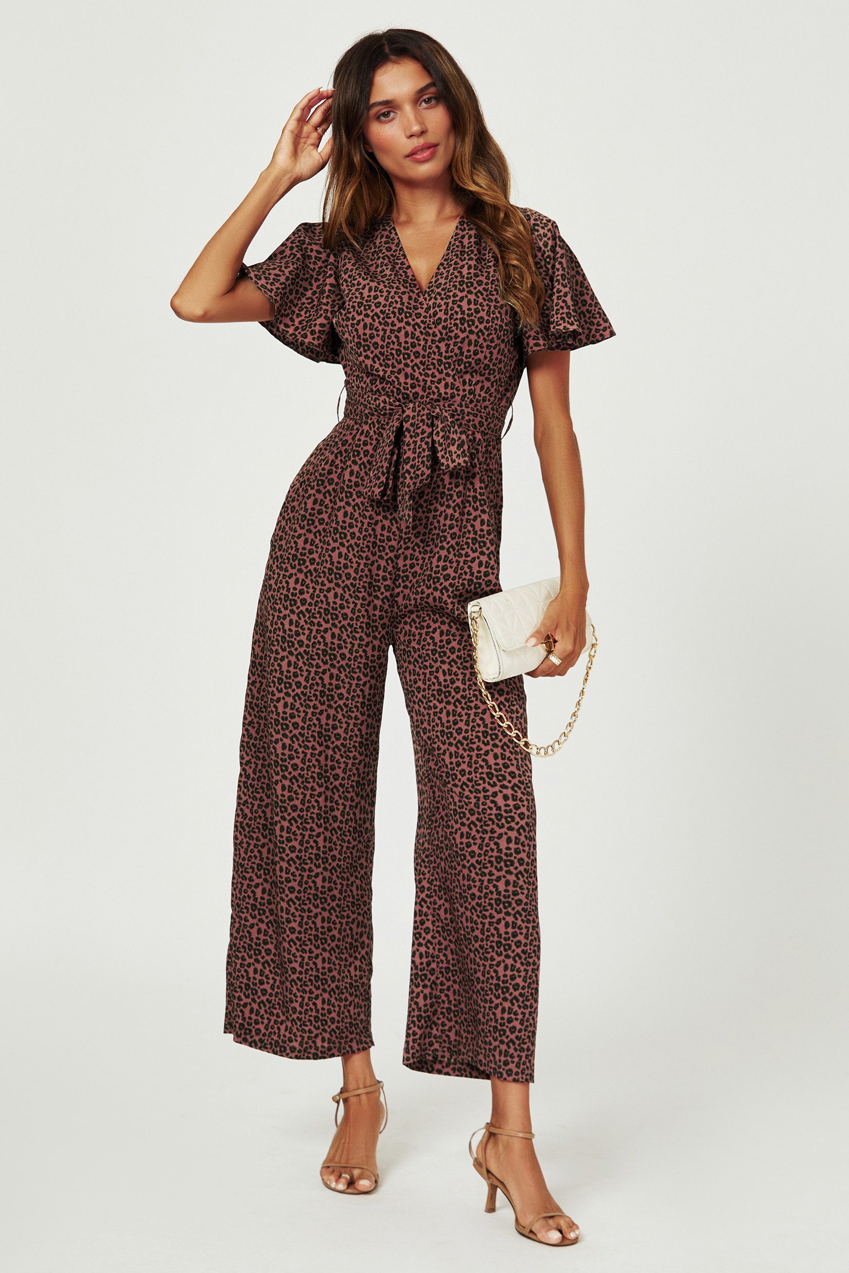 FS Collection Jumpsuit Damen Jumpsuit mit Wickeloberteil und weitem Bein (XS (EU:36 / UK:8) · S (EU:38 / UK:10) · M (EU:40 / UK:12) · L (EU:42 / UK:14) · XL (EU:44 / UK:16), 3 Farben: Rostrot, Schwarz, Grün) Wickeloptik, Statement-Print, elegante Silhouette