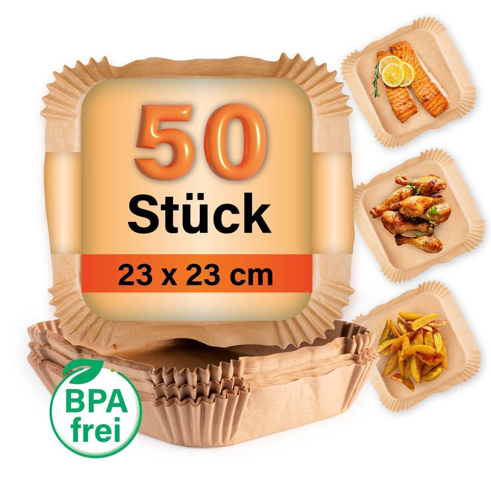 GOURMETmaxx Backpapier Backpapierschalen für Heißluftfritteusen (5–8 l) - 50 Stück, Airfryer Backpapier – flexible Form, 23 x 23 x 4,5 cm