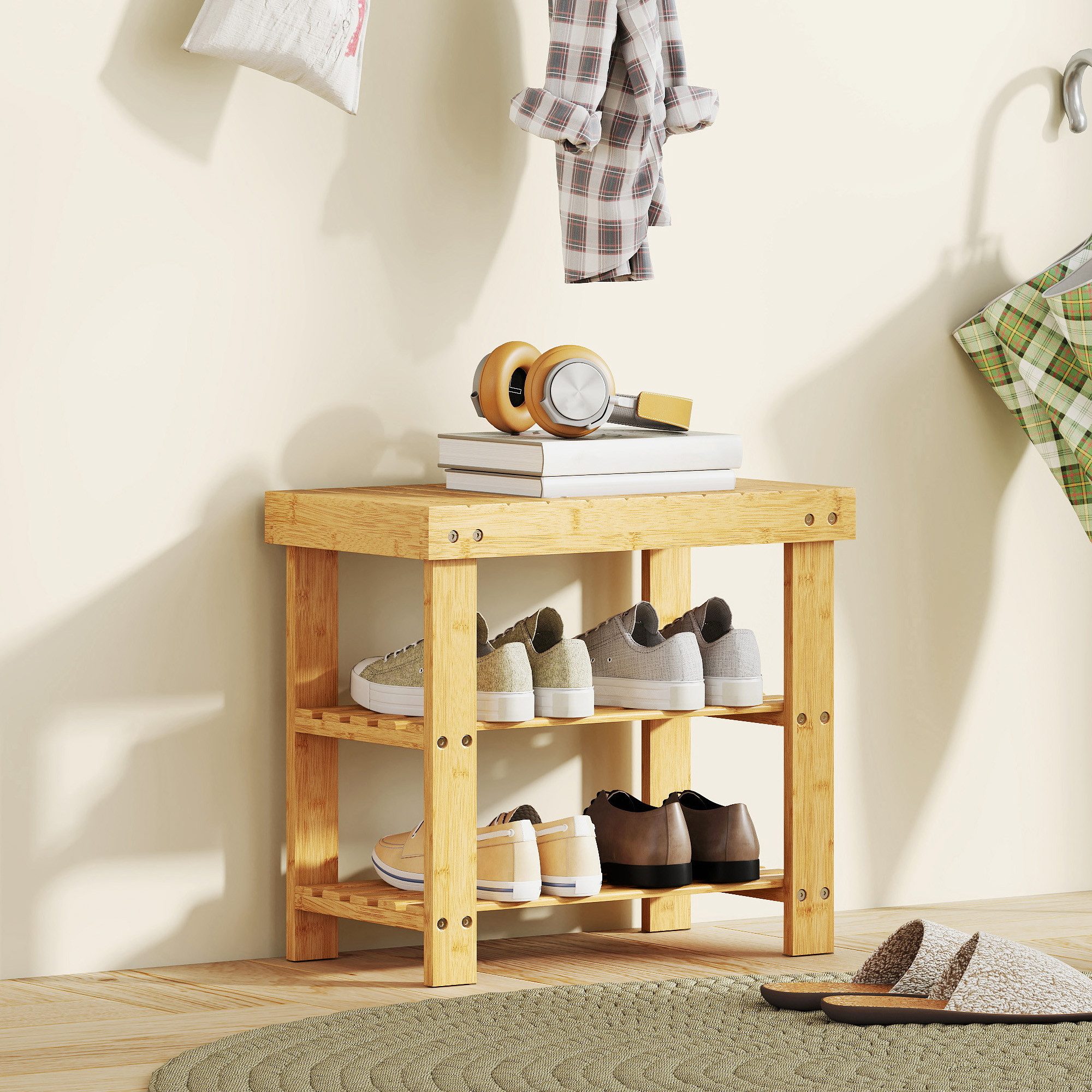 HOMCOM Schuhbank Sitzfläche und Stauraum, 2 Ablagen Flurbank für Wohnzimmer (Schuhregal aus Bambus, 1-St., Sitzbank), für Flur, Eingangsbereich, 50 x 28 x 45 cm, Natur
