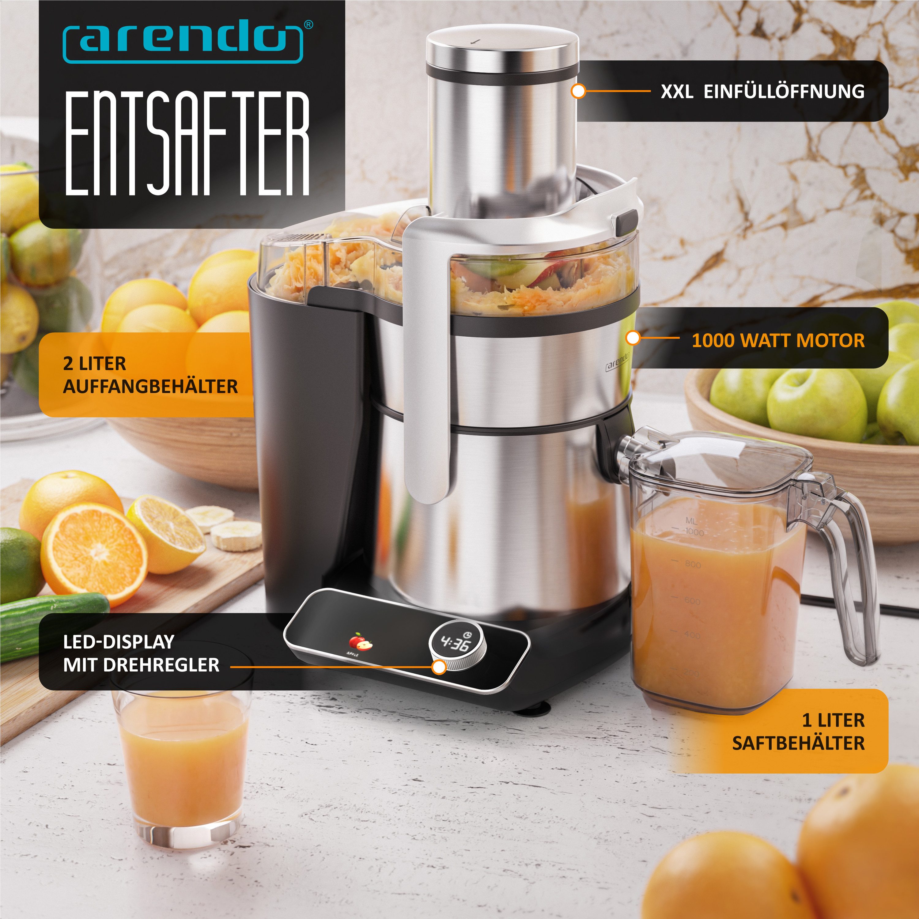 Arendo Zentrifugenentsafter Zentrifugaler Edelstahl Entsafter digital für Obst & Gemüse, BPA Frei, 1000 W, 85mm XXL-Einfüllschacht, 6 Programme, Display, Tropfstopp, Farbsymbole