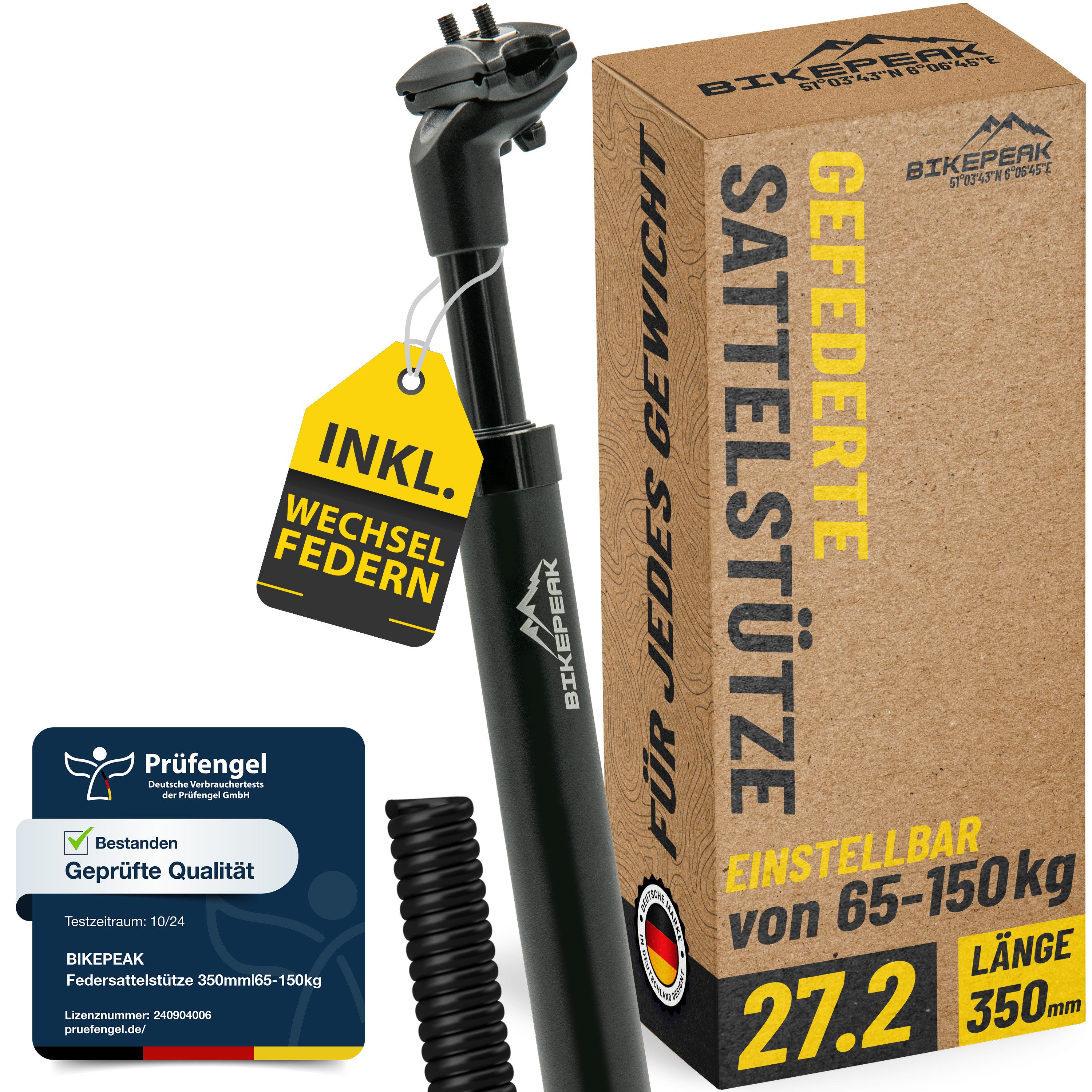 BikePeak Fahrradsattel BikePeak Federsattelstütze 27.2-350 schwarz inkl. 4 Wechselfedern