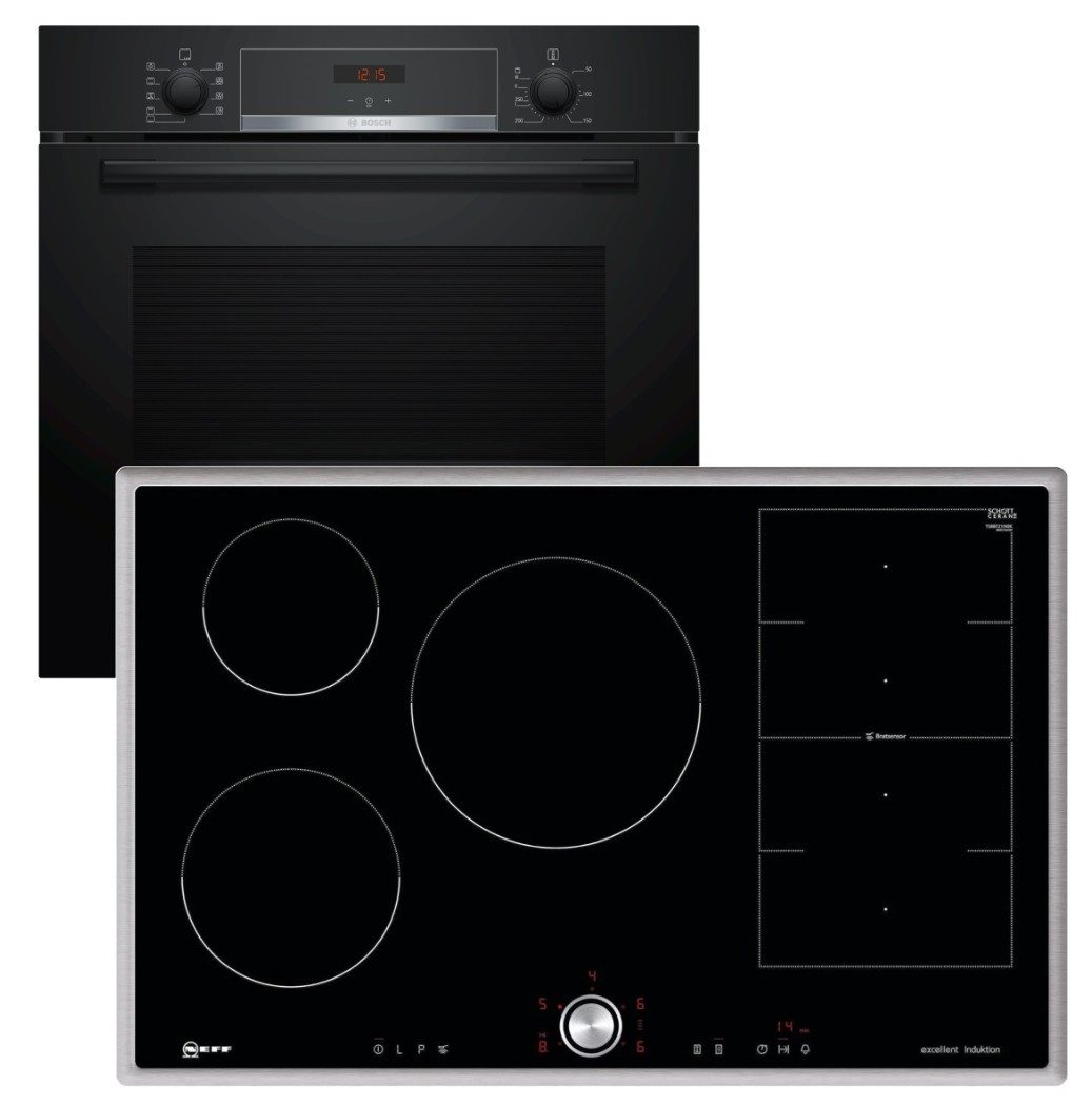 BOSCH Backofen-Set Einbaubackofen Hydrolyse+ Neff Flex-Induktionskochfeld 80cm TwistPad, mit 1-fach Teilauszug
