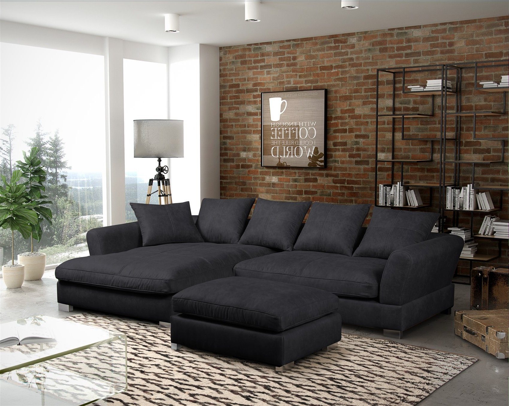 Fun Möbel Ecksofa Couchgarnitur inkl. Hocker TIZIAN Preston Schwarz Ottomane, N/A 1 Teile