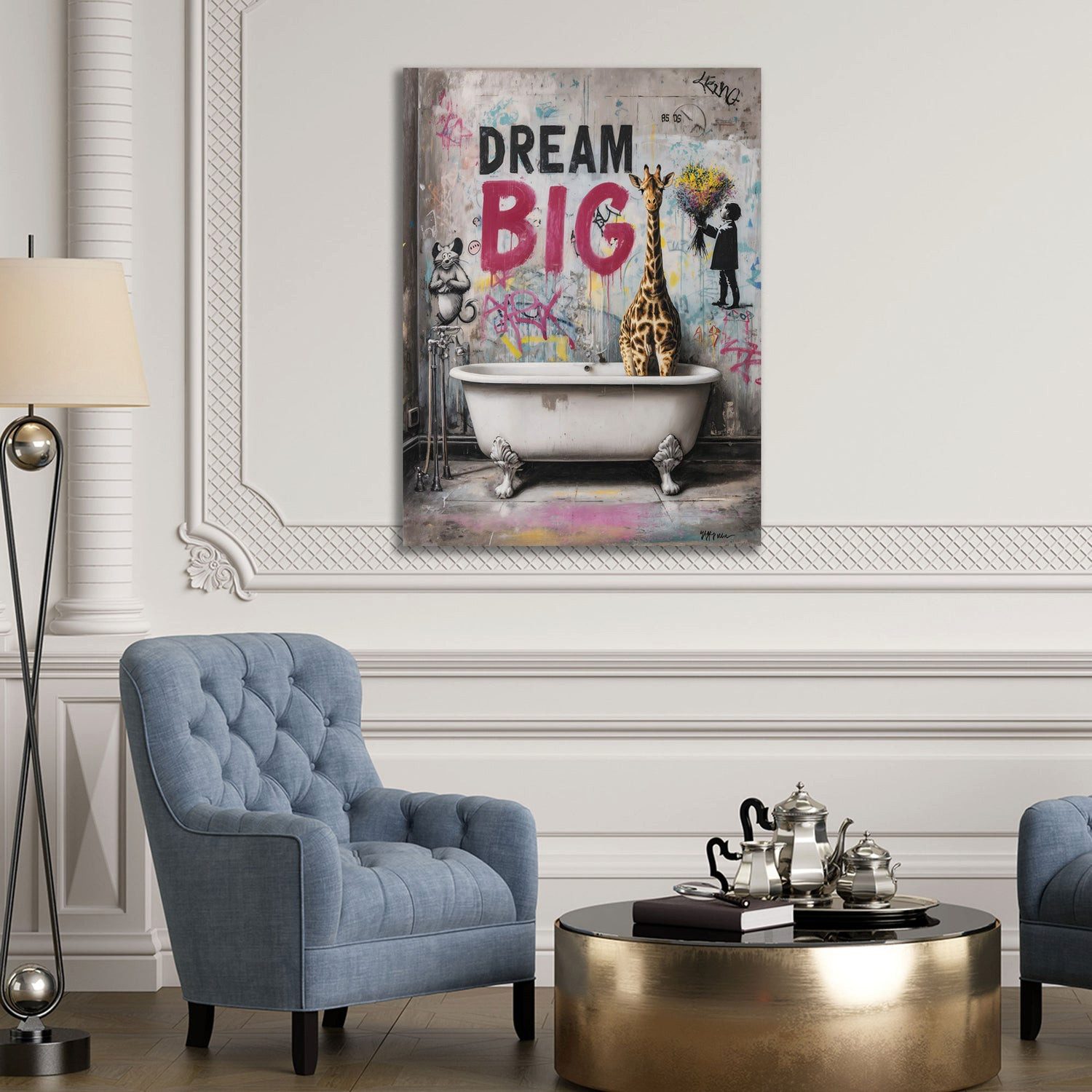 Artedinoi Leinwandbild Graffiti Dream Big Badezimmer mit Giraffe Leinwandbild Wandbild Kunstd, Giraffe im Bad, Dream Big