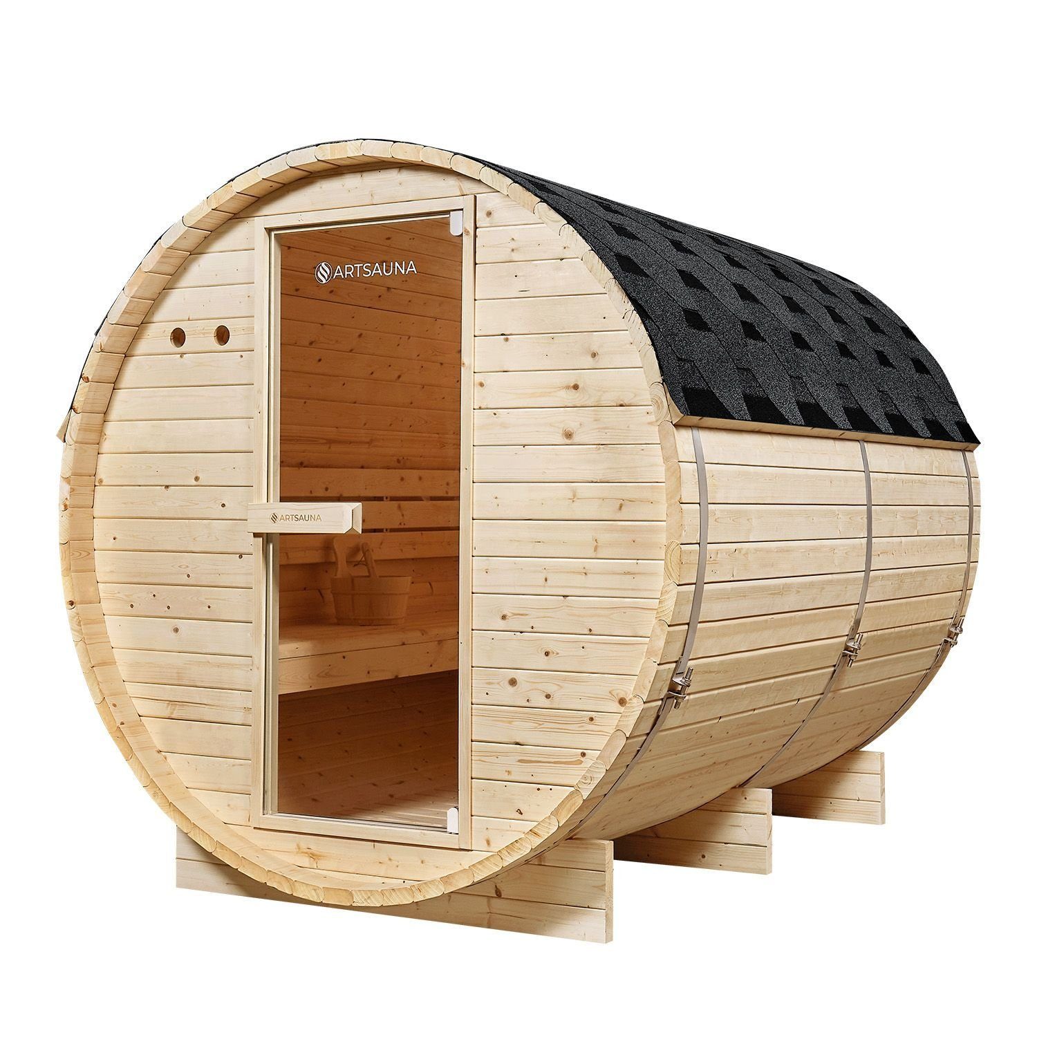 Artsauna Fasssauna Spitzbergen 220, BxTxH: 191 x 220 x 193 cm, für 6 Personen, Fichtenholz, 8 kW Elektro-Ofen, Komplett-Set