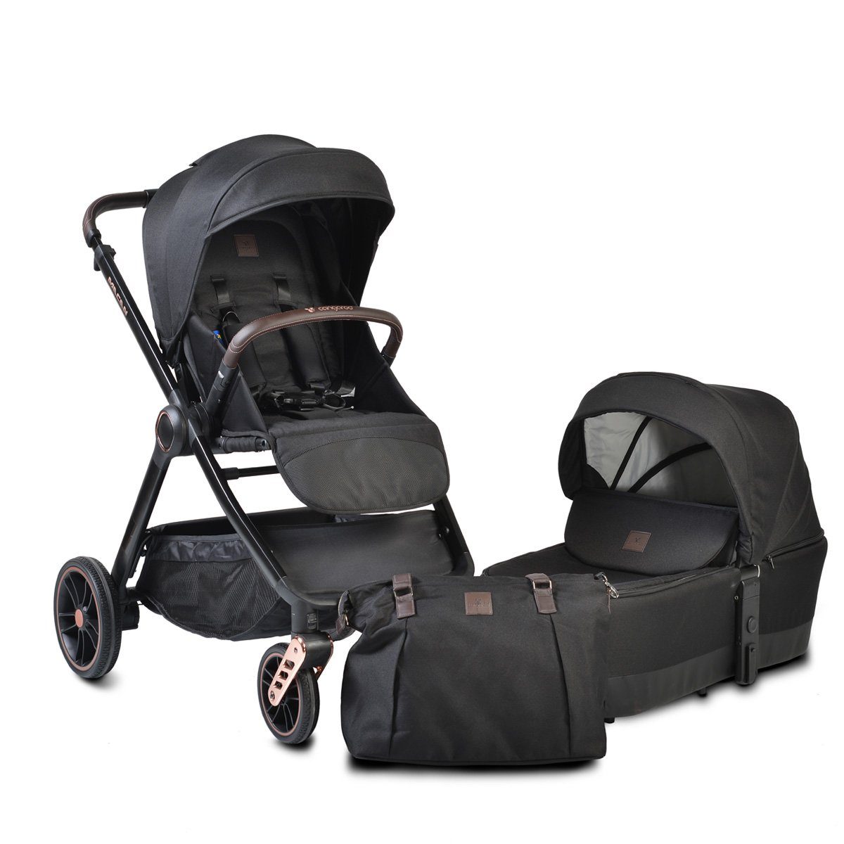 Macan 1, Tasche Kombi-Kinderwagen Cangaroo PU-Räder Gurt in 2 Babywanne Kombikinderwagen Sportsitz schwarz