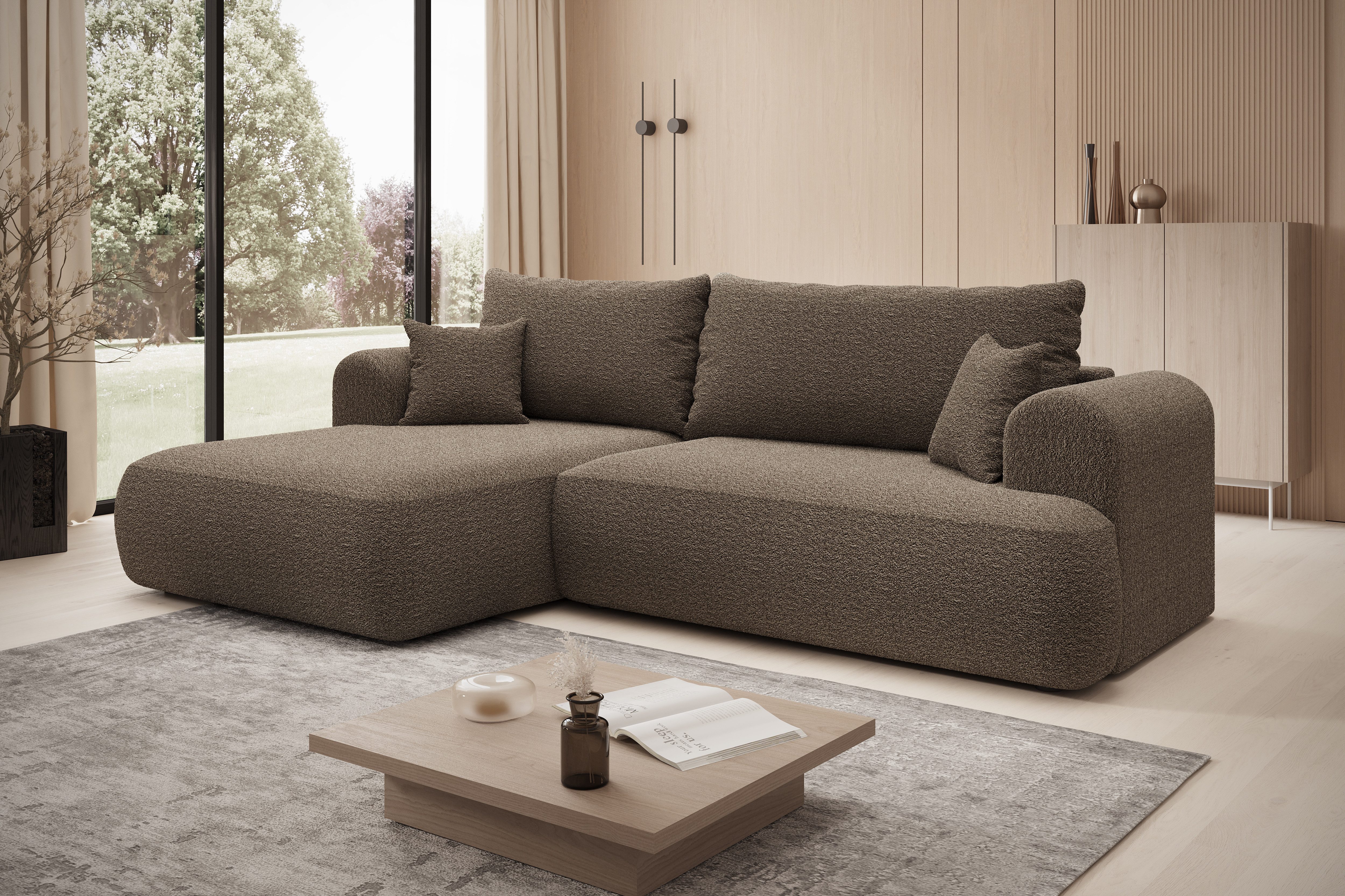 thematys Ecksofa mit Schlaffunktion und Bettkasten, L-Form, Cord und Bouclé + 2 Kissen, 260 x 165cm - Luxus Couch mit Bettfunktion mit Bonnellfedern