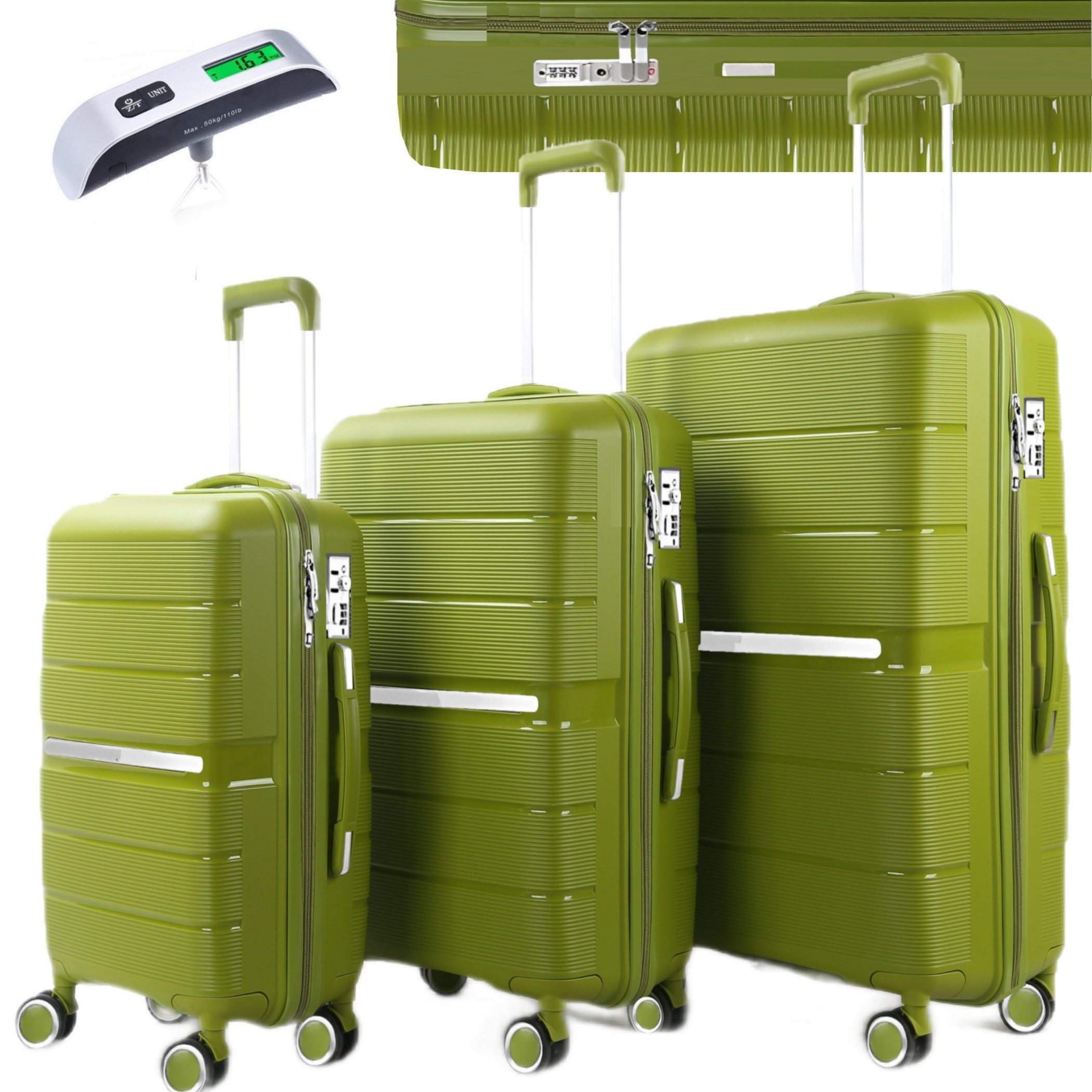 KESSMANN Kofferset 3 teilig Hartschalenkofferset M L XL Koffer + Digitale Kofferwaage, 4 Rollen, (Reisekofferset, 4 tlg., Schloss Teleskopgriff Gepäck Urlaub Zubehör Reise Hartschale Trolley), Reisetasche Kofferset groß mittel klein Handgepäck Gepäck Rollkoffer