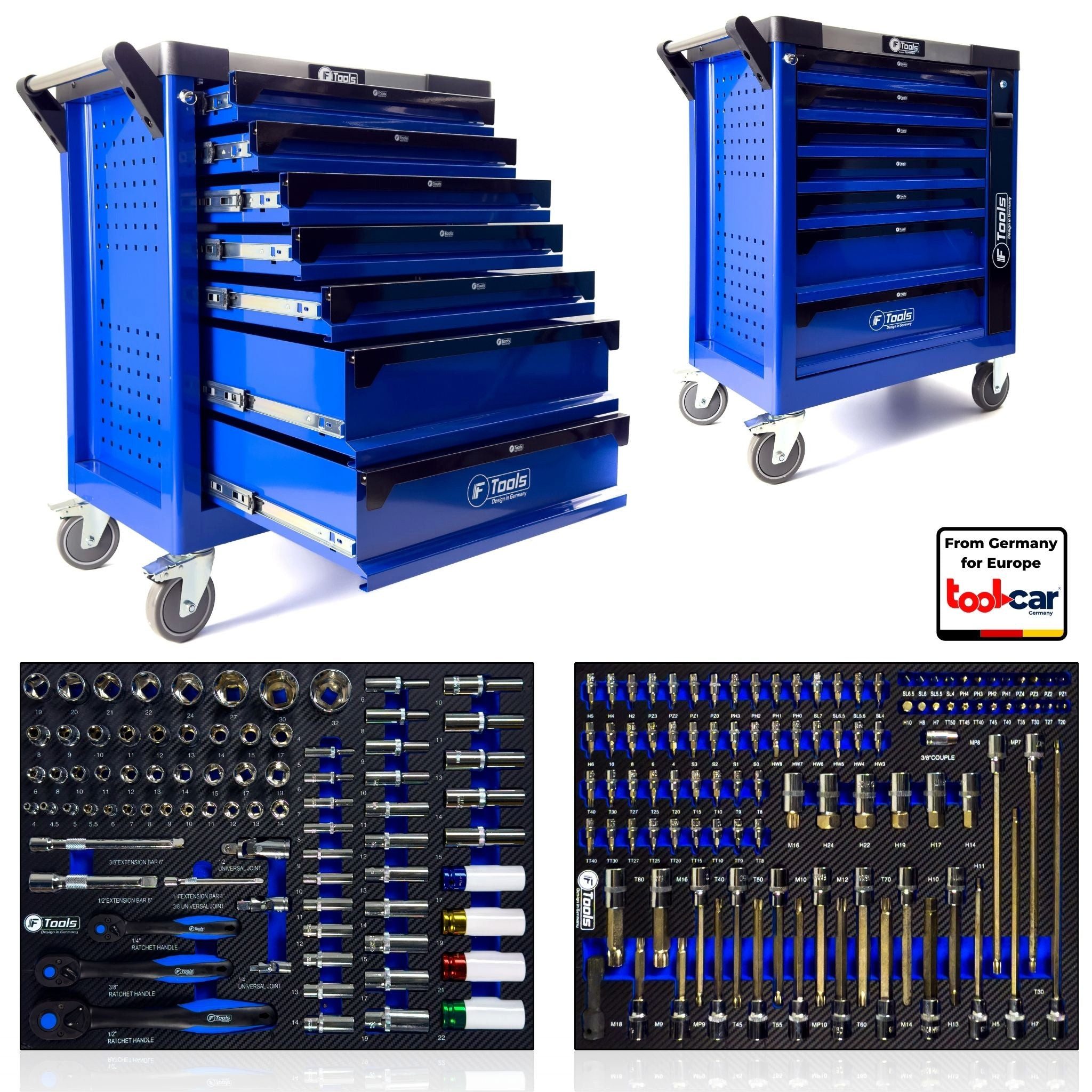 Toolcar Werkzeugwagen Werkstattwagen 7 Schubladen, 6 befüllt, bestückt, gefüllt - Blau, kugelgelagert, 4 Rollen (2 Stop), Pegboard, Chrom-Vanadium-Stahl, max. Traglast:35 kg, 259-tlg. Werkzeugset, (Steck-/Ringschlüssel, Ratschen, /Torx, Schraubendreher, Zangen, 259-tlg., EVA-/Schaum-Einlagen, logisch sortiert, schneller Zugriff), Arbeitsplatte, Einzelauszug, Kantenschutz, Drehmomentschlüssel