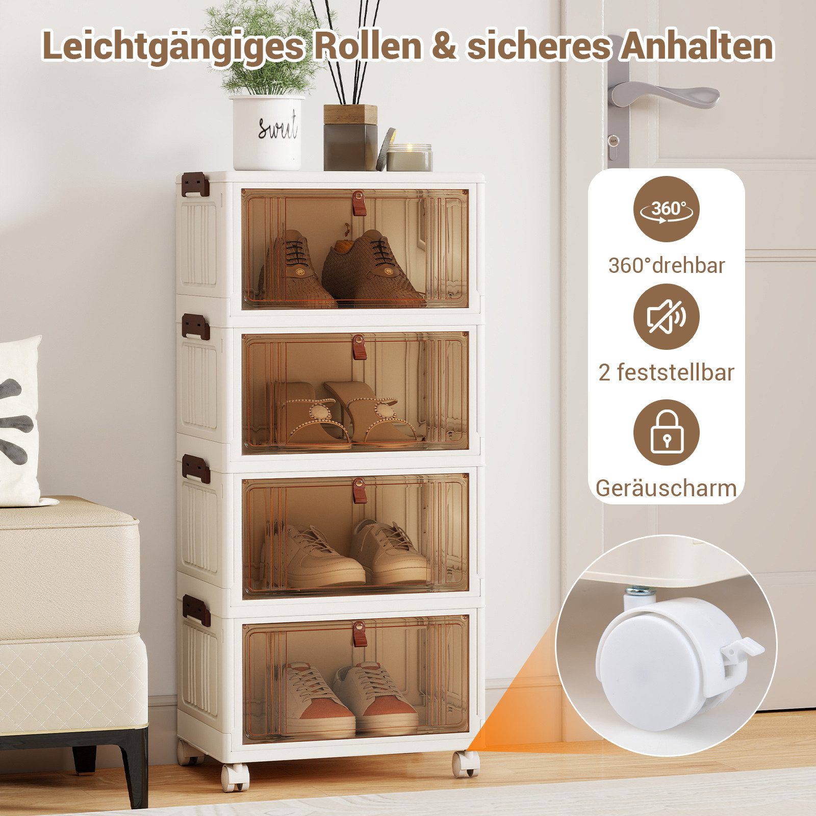 COSTWAY Schuhschrank 4 stöckige stapelbare Aufbewahrungsbox mit Deckel auf Rollen