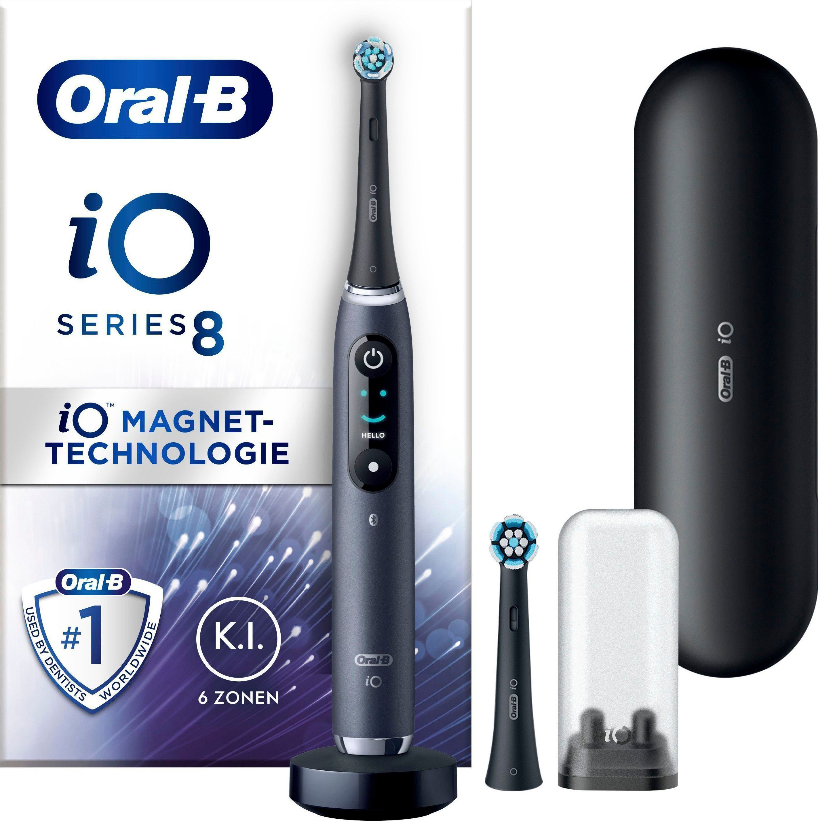 Oral-B Elektrische Zahnbürste iO 8, Aufsteckbürsten: 2 St., mit Magnet-Technologie, 6 Putzmodi, Farbdisplay & Reiseetui black onyx