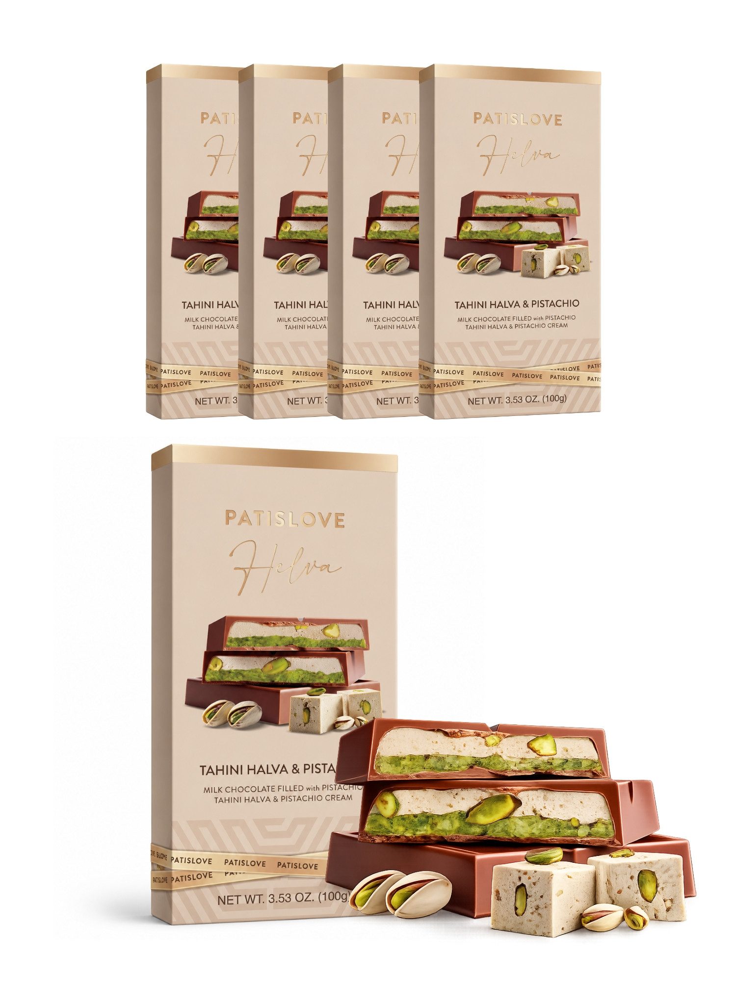 PATISLOVE Schokolade Vollmilchschokolade mit Tahini Halva & Pistaziencreme 100g, ohne Konservierungsstoffe, ohne Farbstoffe