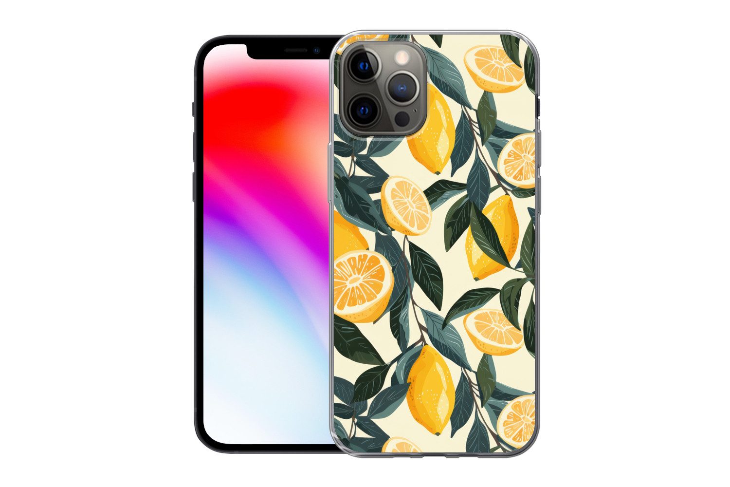 MuchoWow Handyhülle für Apple iPhone 12 Pro Zitronen - Früchte - Blätter - Gelb - Grün - B, Smartphone-Bumper, Print, Handy Schutzhülle Dünn