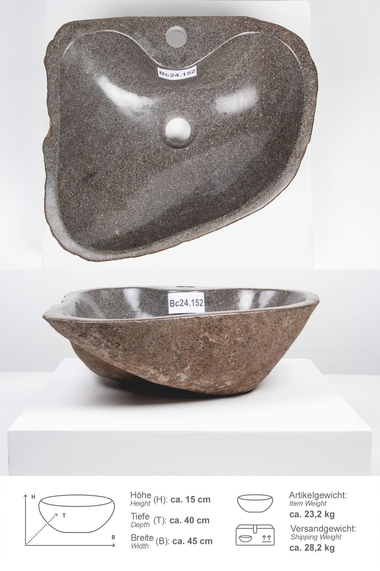 wohnfreuden Aufsatzwaschbecken Naturstein-Waschbecken 40 cm mit Hahnloch (Kein Set), 683_Bc24.152