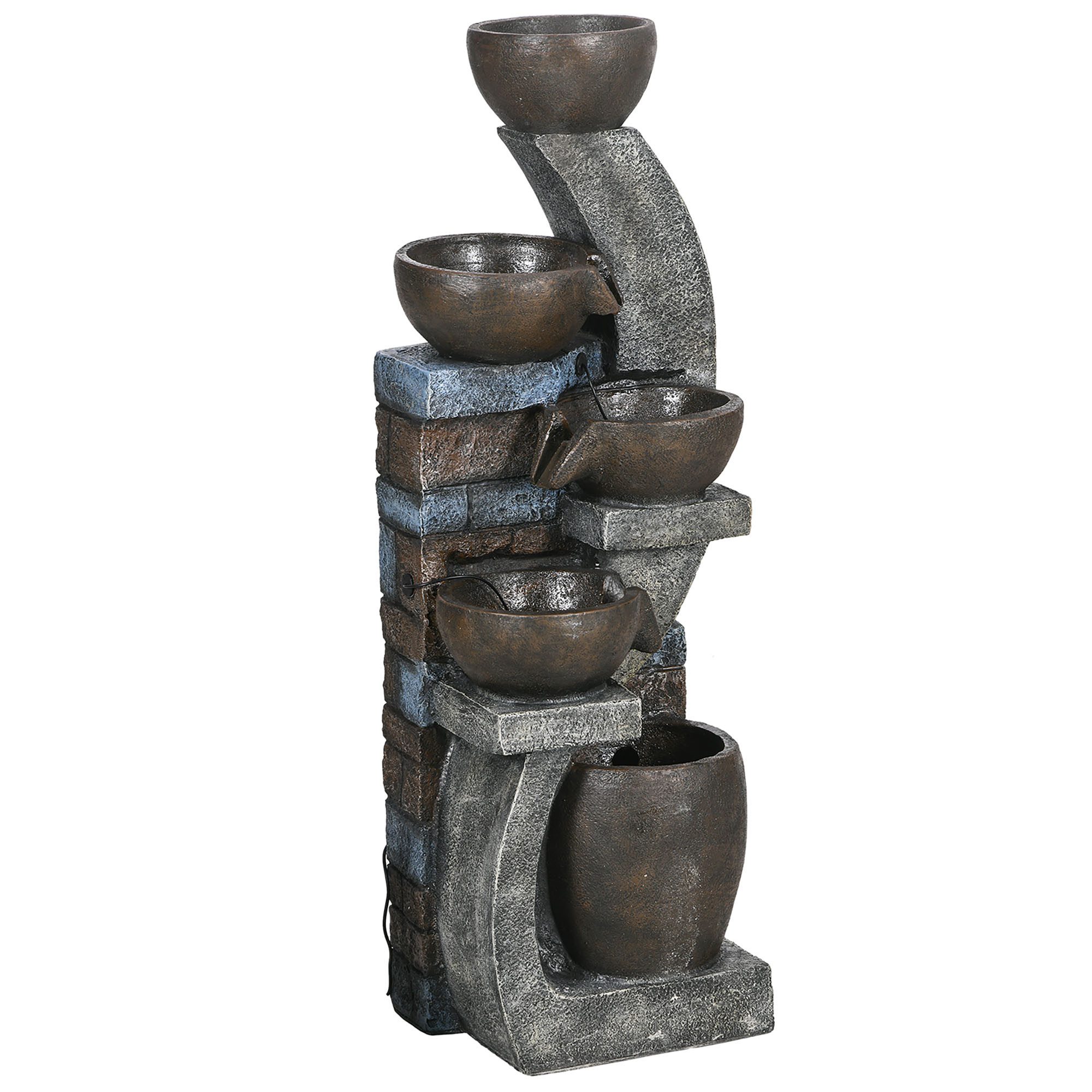 Outsunny Gartenbrunnen Zierbrunnen mit LED-Beleuchtung und 4 Stufen, 37 cm Breite, Wasserbecken BxT: 37x35 cm, (Wasserbrunnen, 1 tlg., Springbrunnen), für Gartenteich, Balkon, Kunstharz