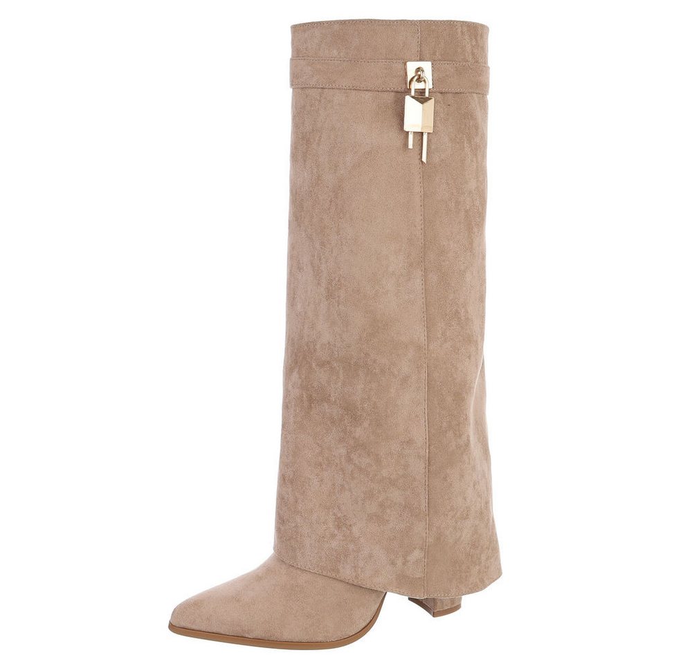 Ital-Design Damen kniehohe Stiefel mit Schloss-Detail und Blockabsatz High-Heel-Stiefel (92125432) Blockabsatz Stiefel in Hellbraun