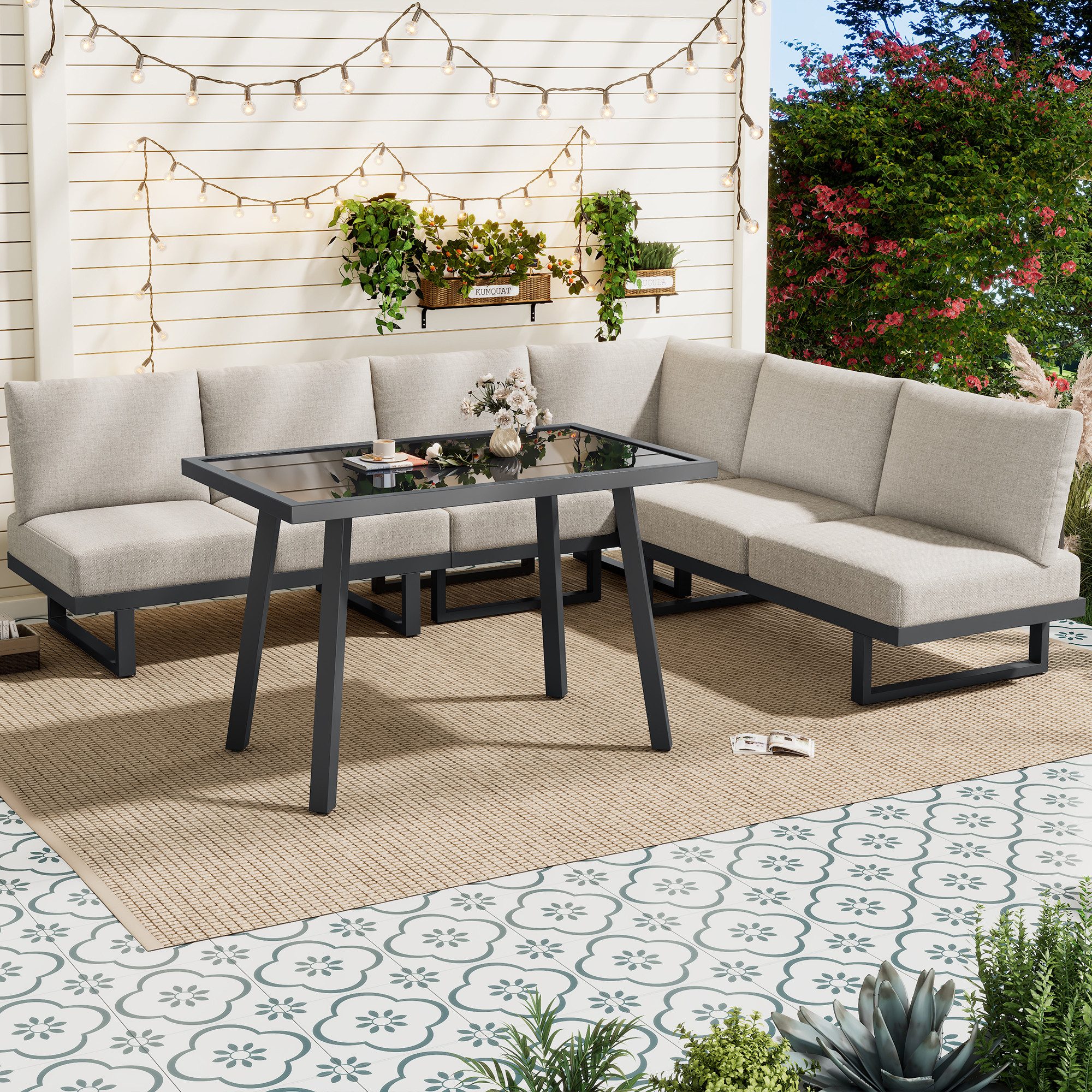 REDOM Gartenlounge-Set grau aus Polyester, mit Glastisch & verstellbarer Lehne, (Outdoor-Sofa-Set, Balkonset, Outdoor-Relaxbett, 5-tlg., Inkl. Esstisch & Lounge, Liegefunktion integriert), Robuste Stahlkonstruktion, flexibel für entspannte Stunden